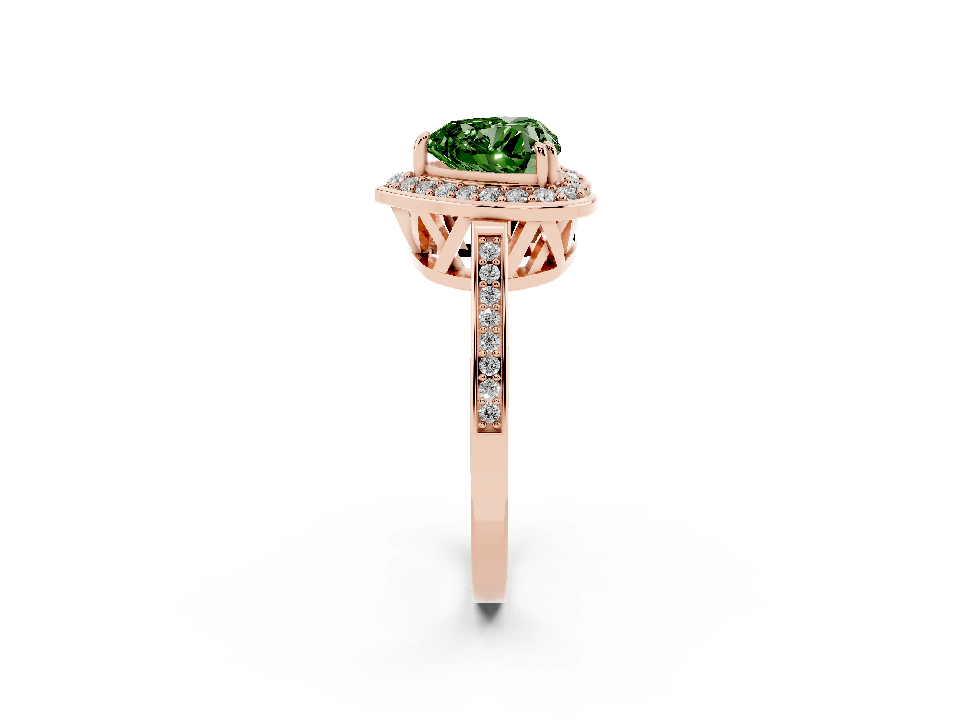 Fancy Green Heart Cut Diamond Halo Ring Set in Rose gold with Accent-Lined Split Shank and Prong Setting