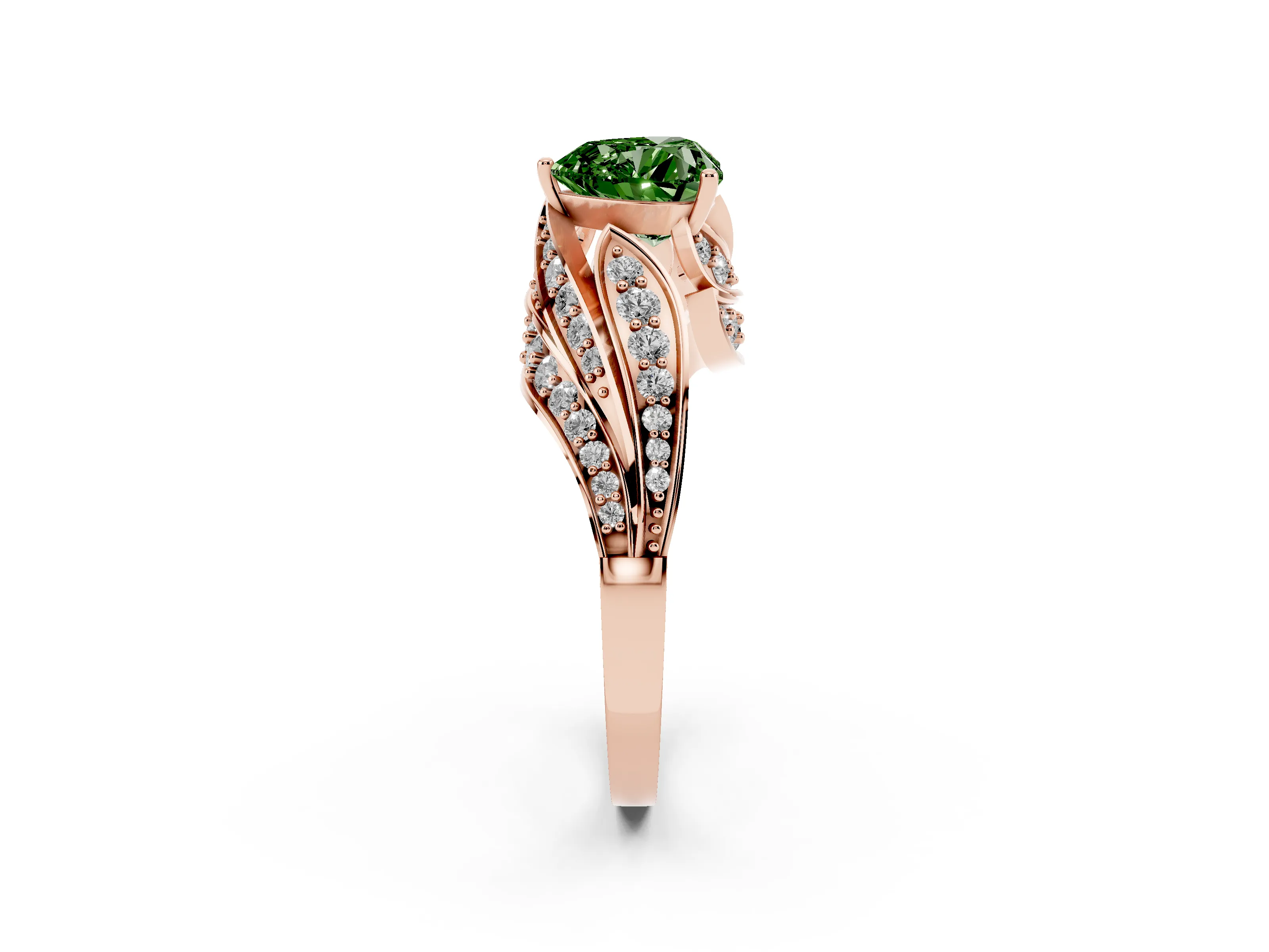 Fancy Green Heart Cut Diamond Solitaire Ring Set in Rose gold with Layered Twist Pavé Band