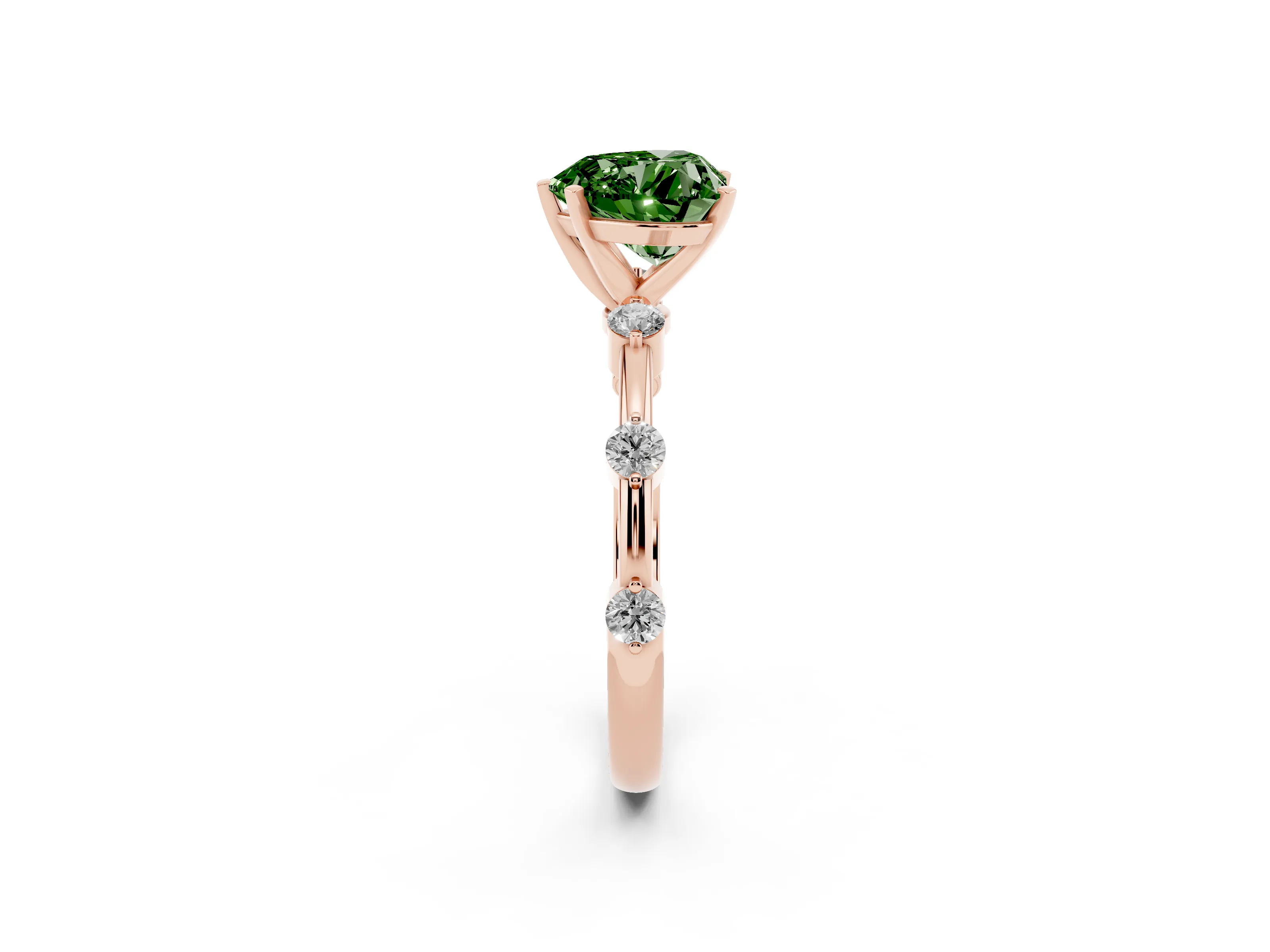 Fancy Green Heart Cut Diamond Solitaire Ring Set in Rose gold with Bezel Set Side Stones and Prong Setting