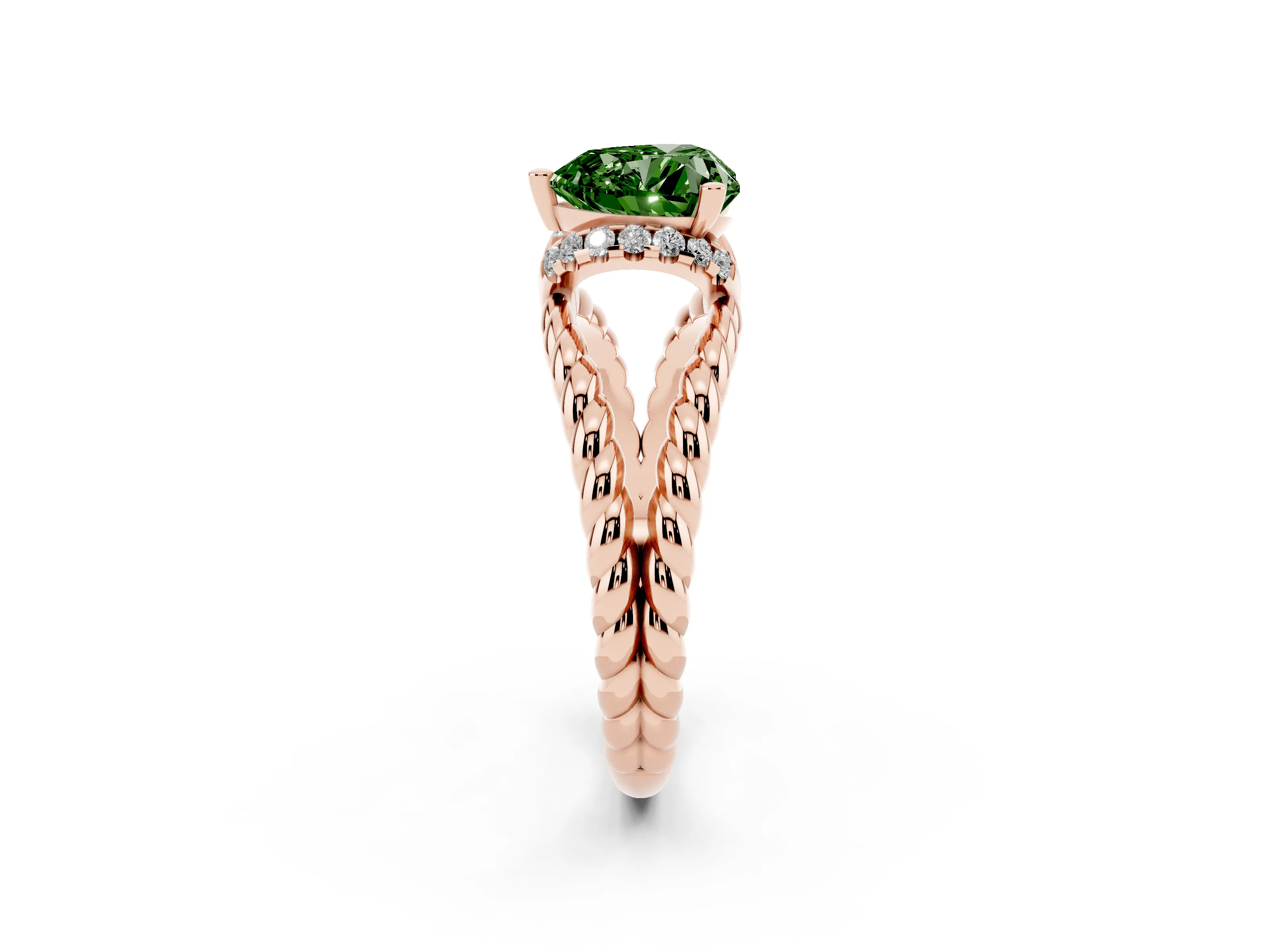 Fancy Green Heart Cut Diamond Halo Ring Set in Rose gold with Twisted Band and Prong Setting
