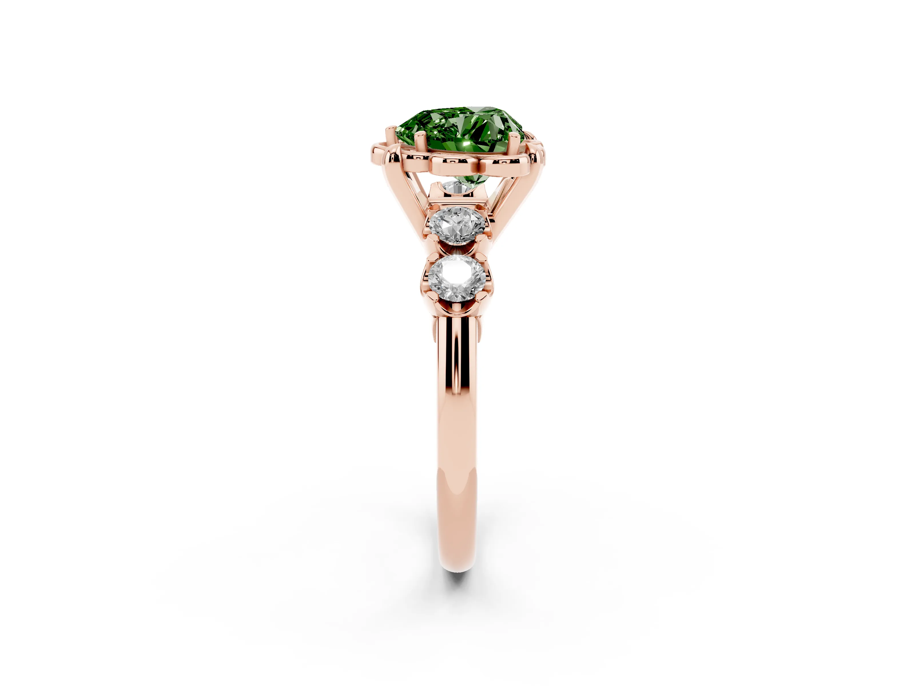 Fancy Green Heart Cut Diamond Floral Halo Ring Set in Rose gold with Shared Prong Band