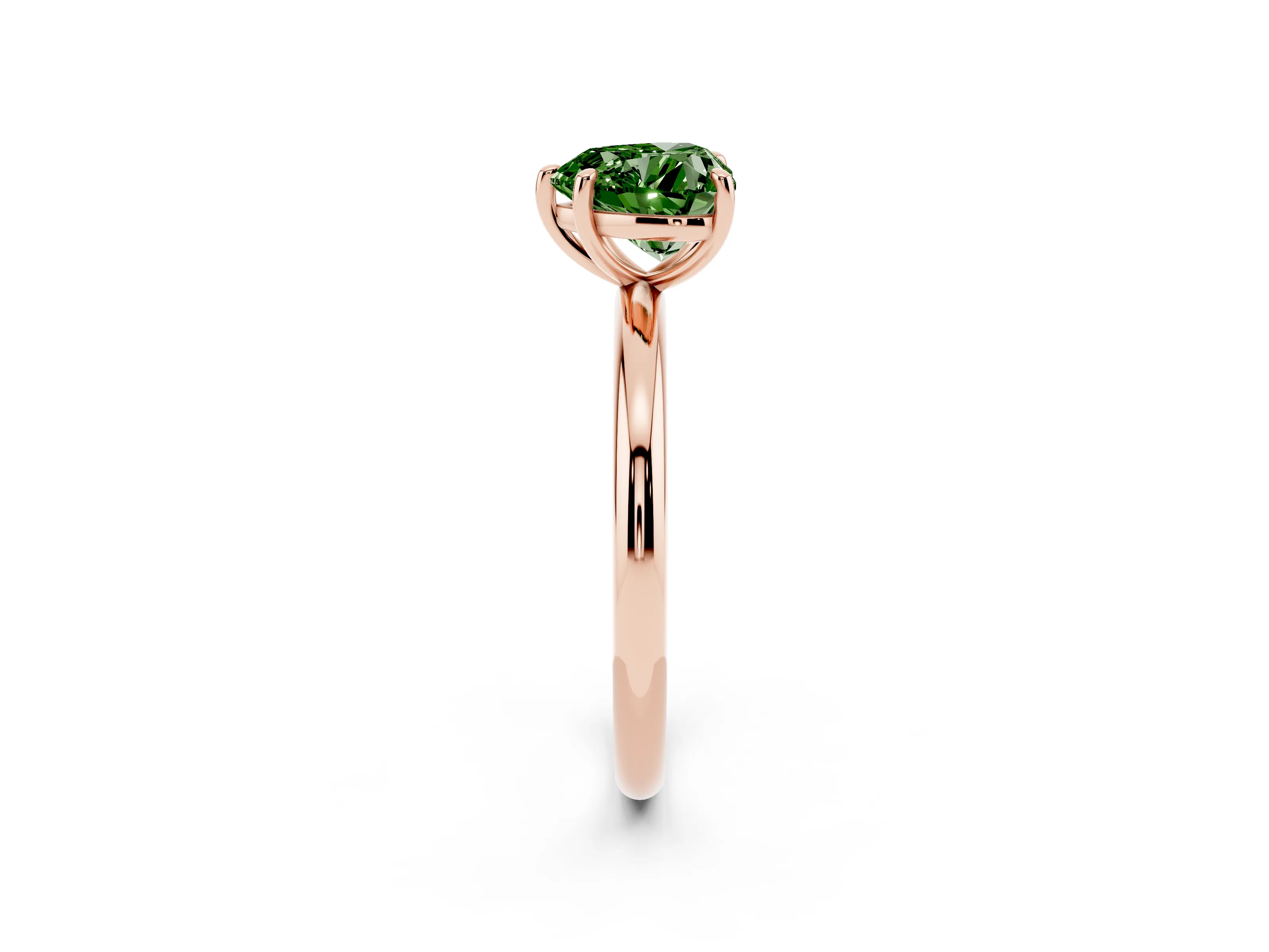Fancy Green Heart Cut Diamond Solitaire Ring Set in Rose gold with Prong Setting on a Polished Plain Band