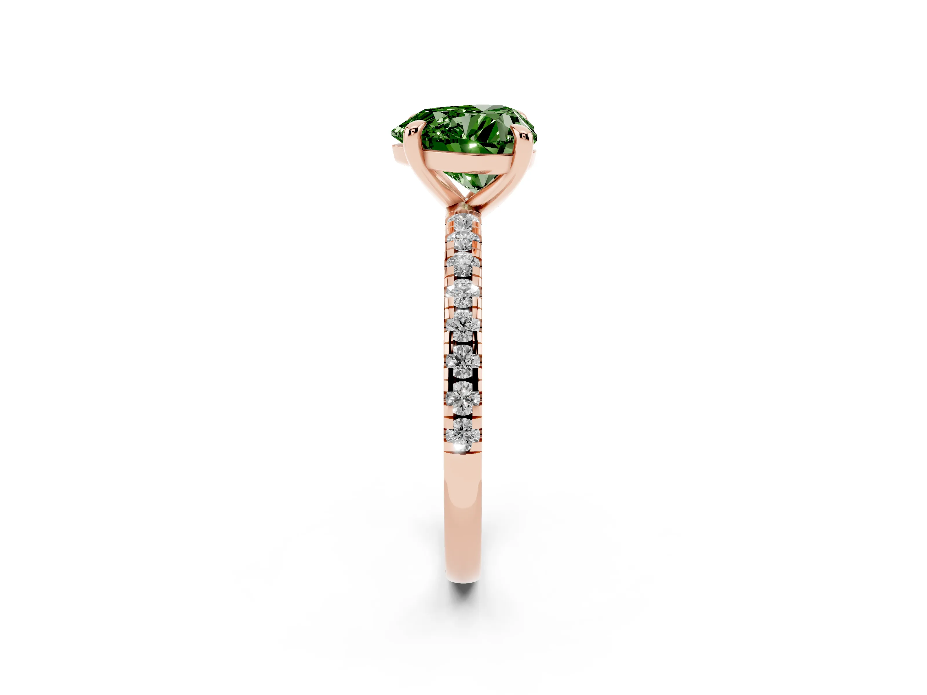 Fancy Green Heart Cut Diamond Brilliant Solitaire Ring Set in Rose gold with Pavé Band and Prong Setting