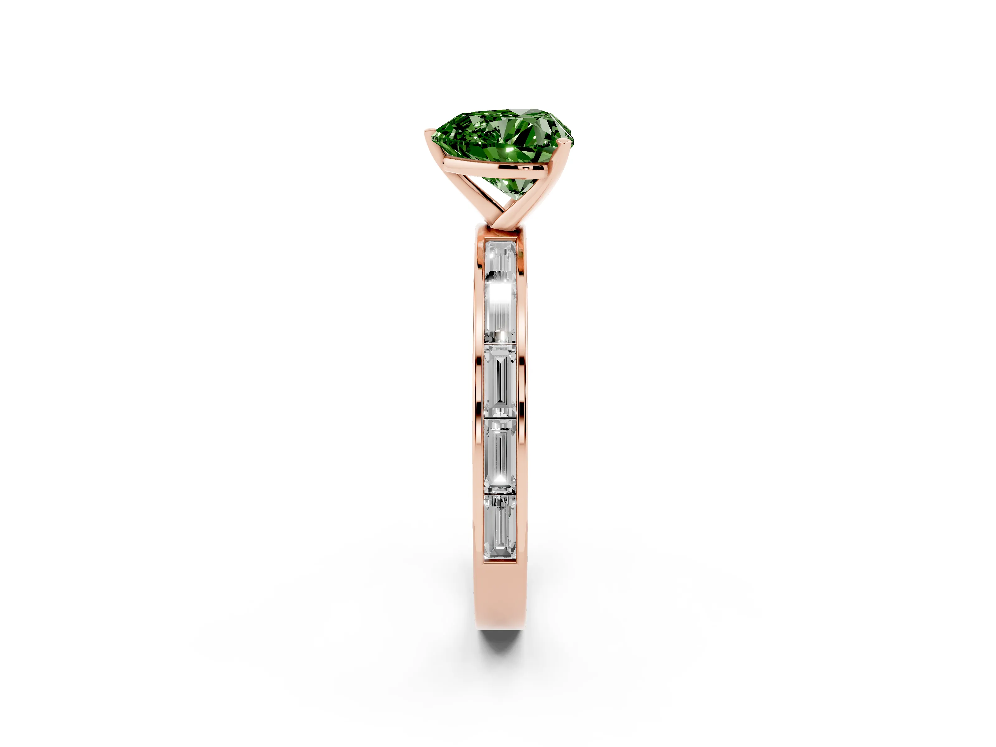 Fancy Green Heart Cut Diamond Solitaire Ring Set in Rose gold with Channel-Set Baguette Band and Prong Setting