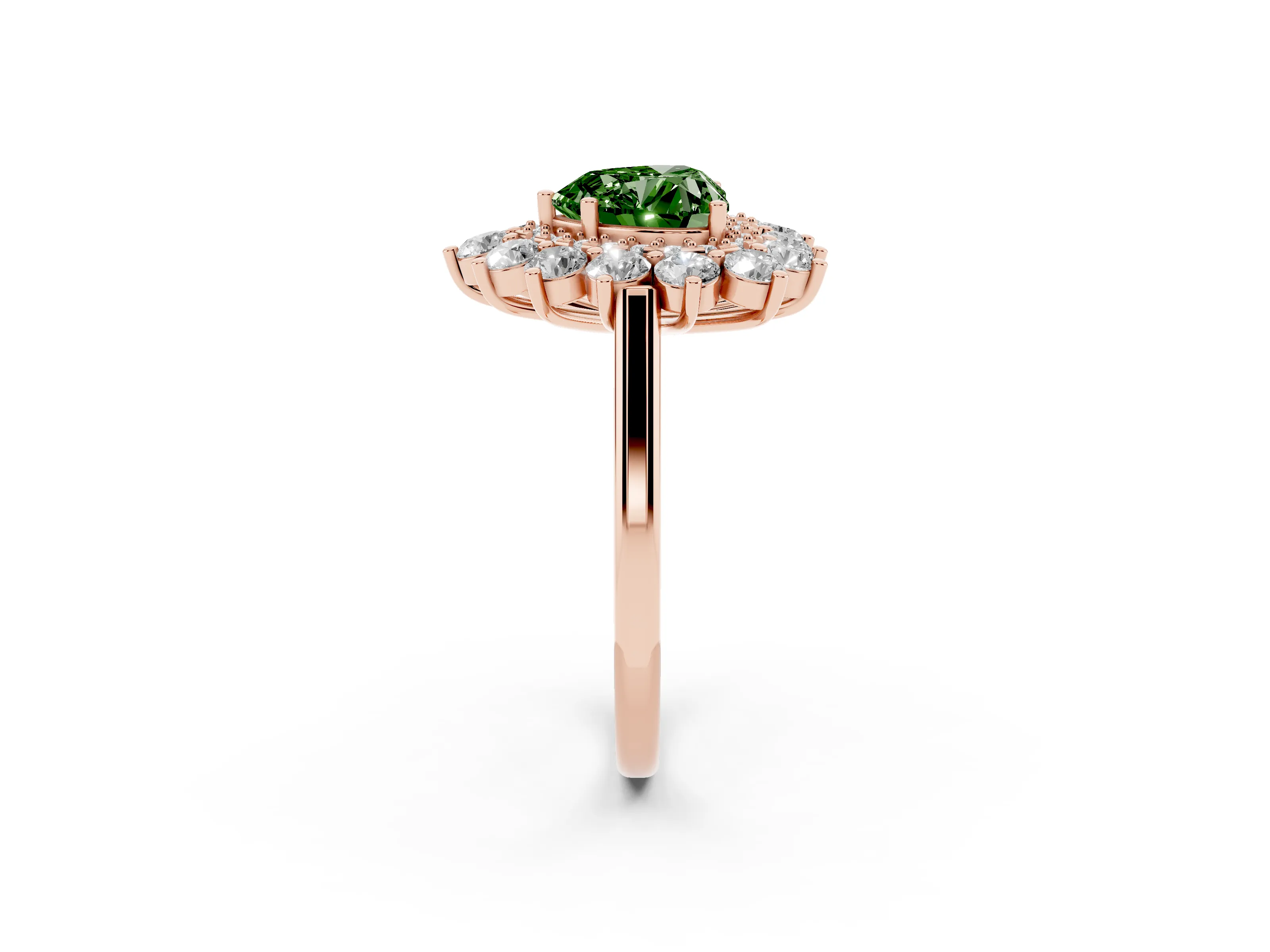 Fancy Green Heart Cut Diamond Floral Double Halo Ring Set in Rose gold with Round Petals