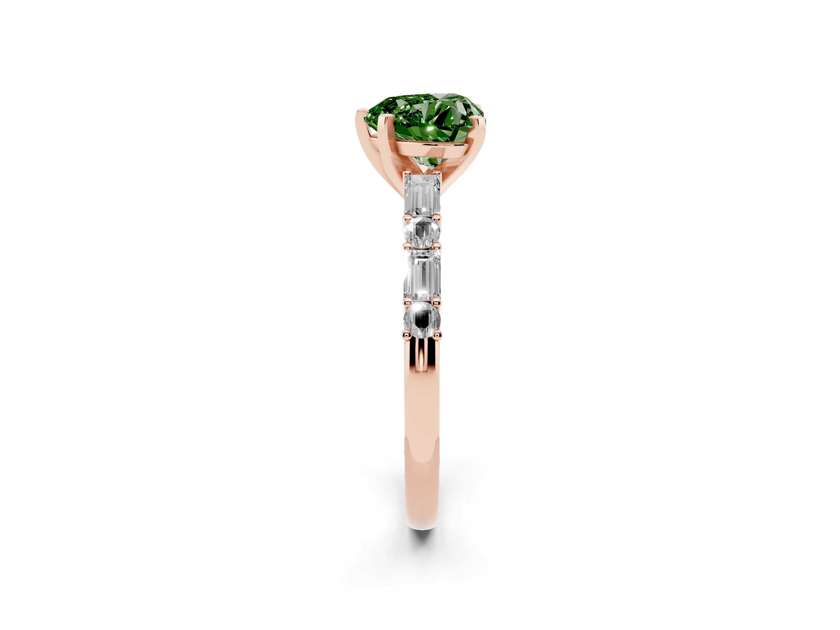 Fancy Green Heart Cut Diamond Solitaire Set in Rose gold with Side Baguettes and Channel Set Band