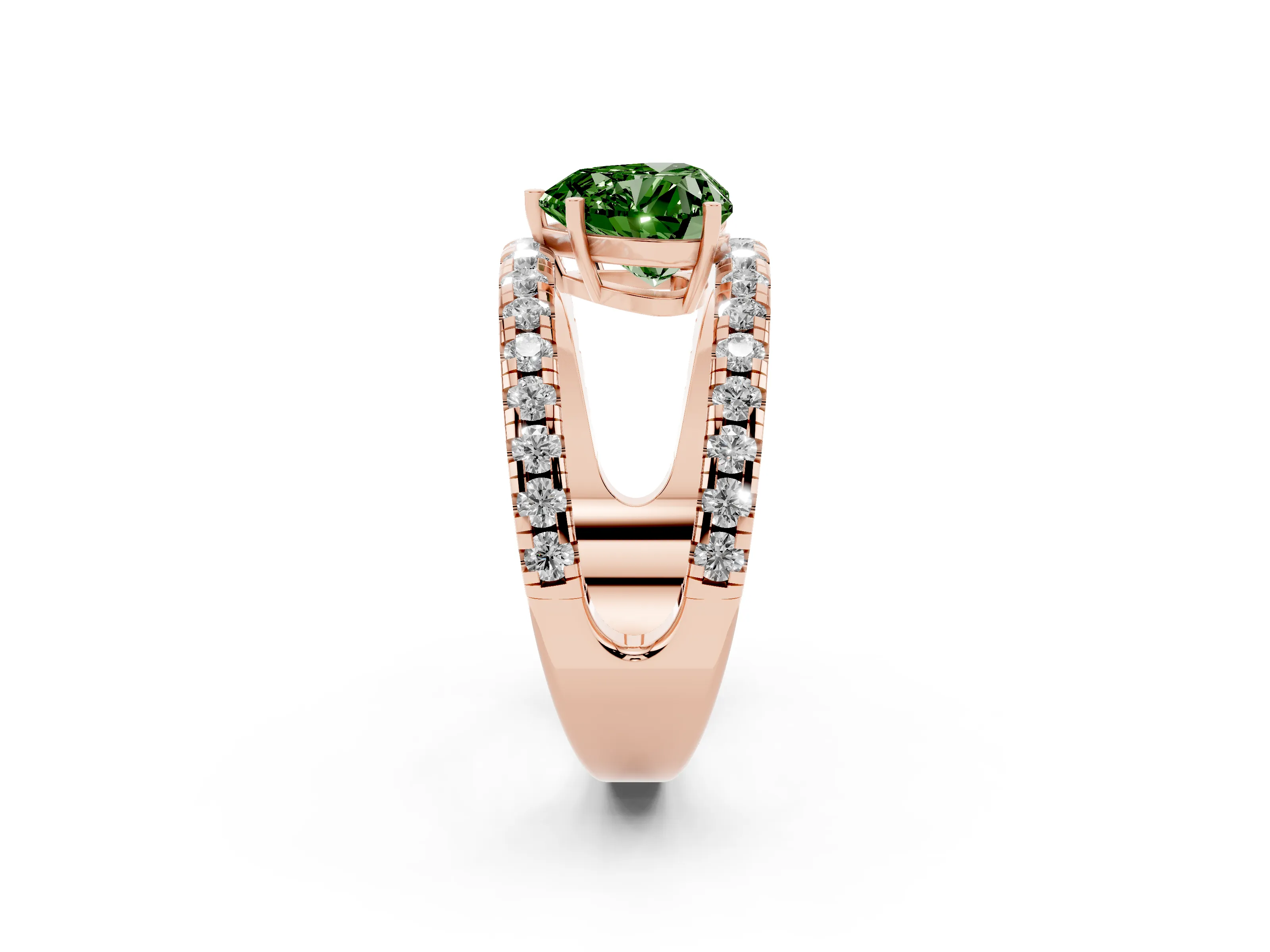 Fancy Green Heart Cut Diamond Split Shank Pavé Solitaire Ring Set in Rose gold with Open Shank Design