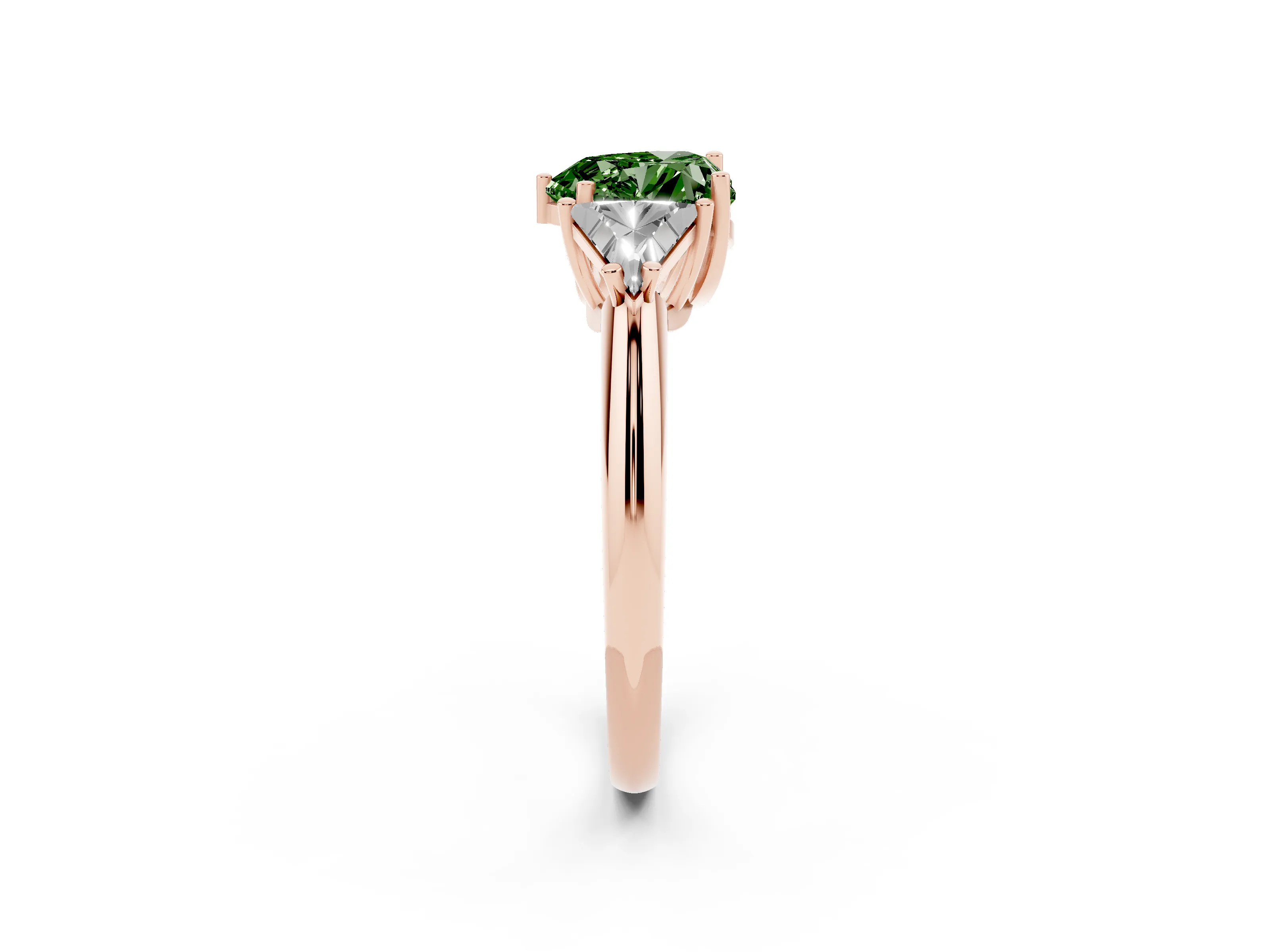 Fancy Green Heart Cut Diamond Three-Stone Engagement Ring Set in Rose gold with Trillion Side Stones