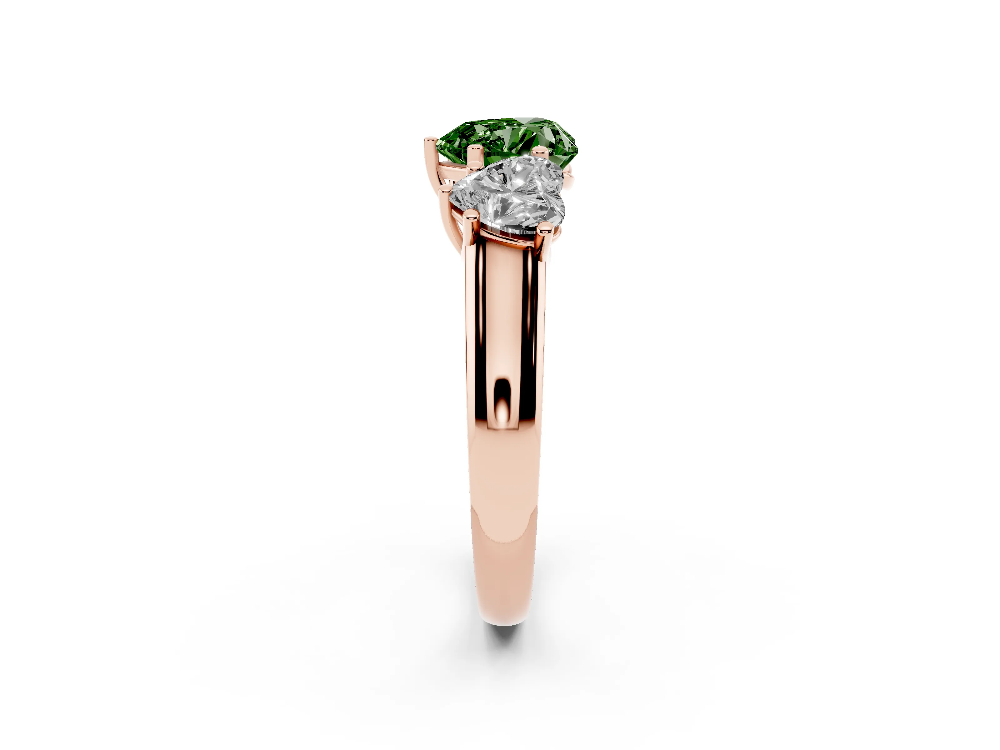 Fancy Green Heart Cut Diamond Three-Stone Ring Set in Rose gold with Plain Polished Band