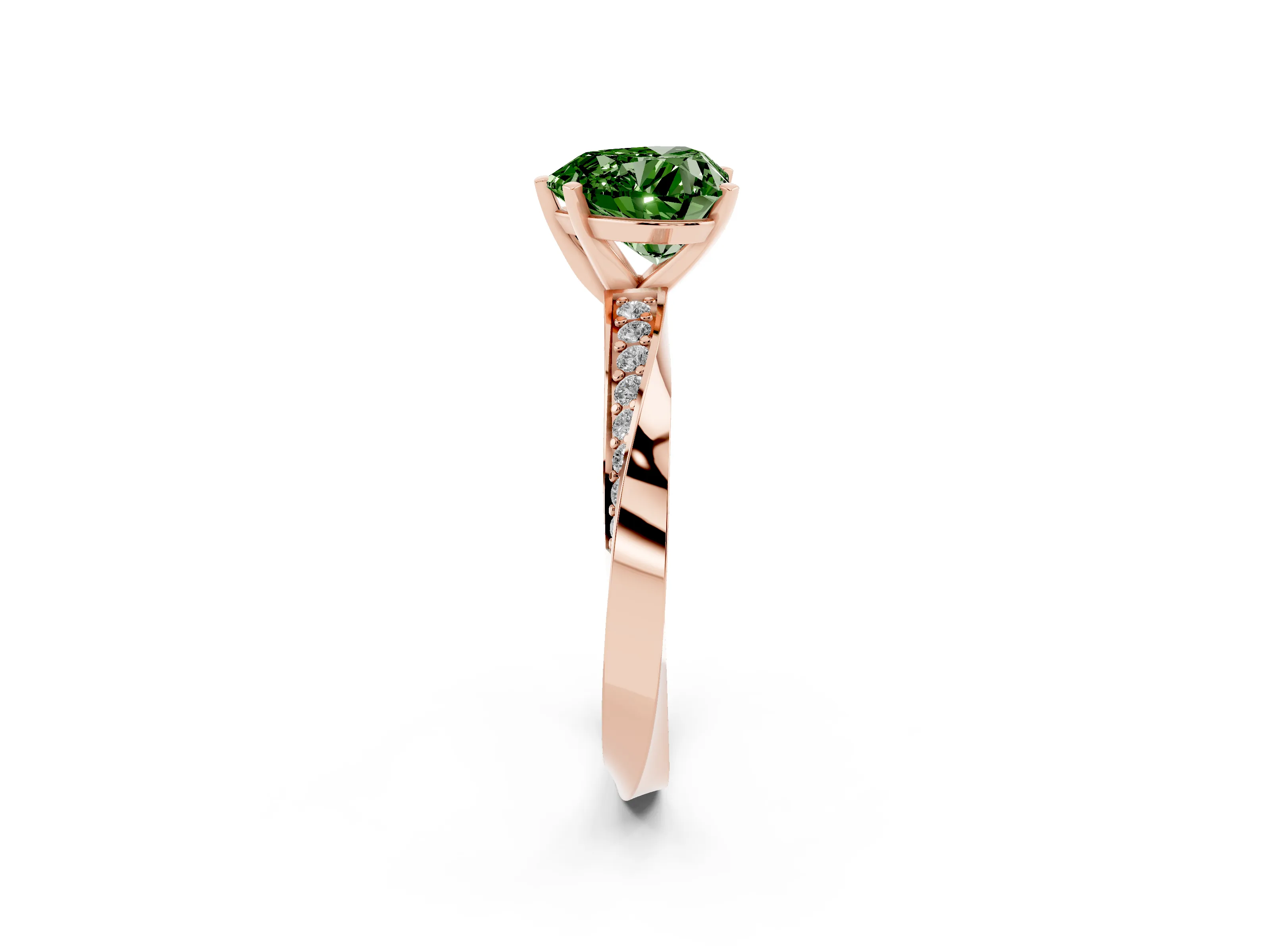 Fancy Green Heart Cut Diamond Engagement Ring Set in Rose gold with Side Stone Accents and Prong Setting