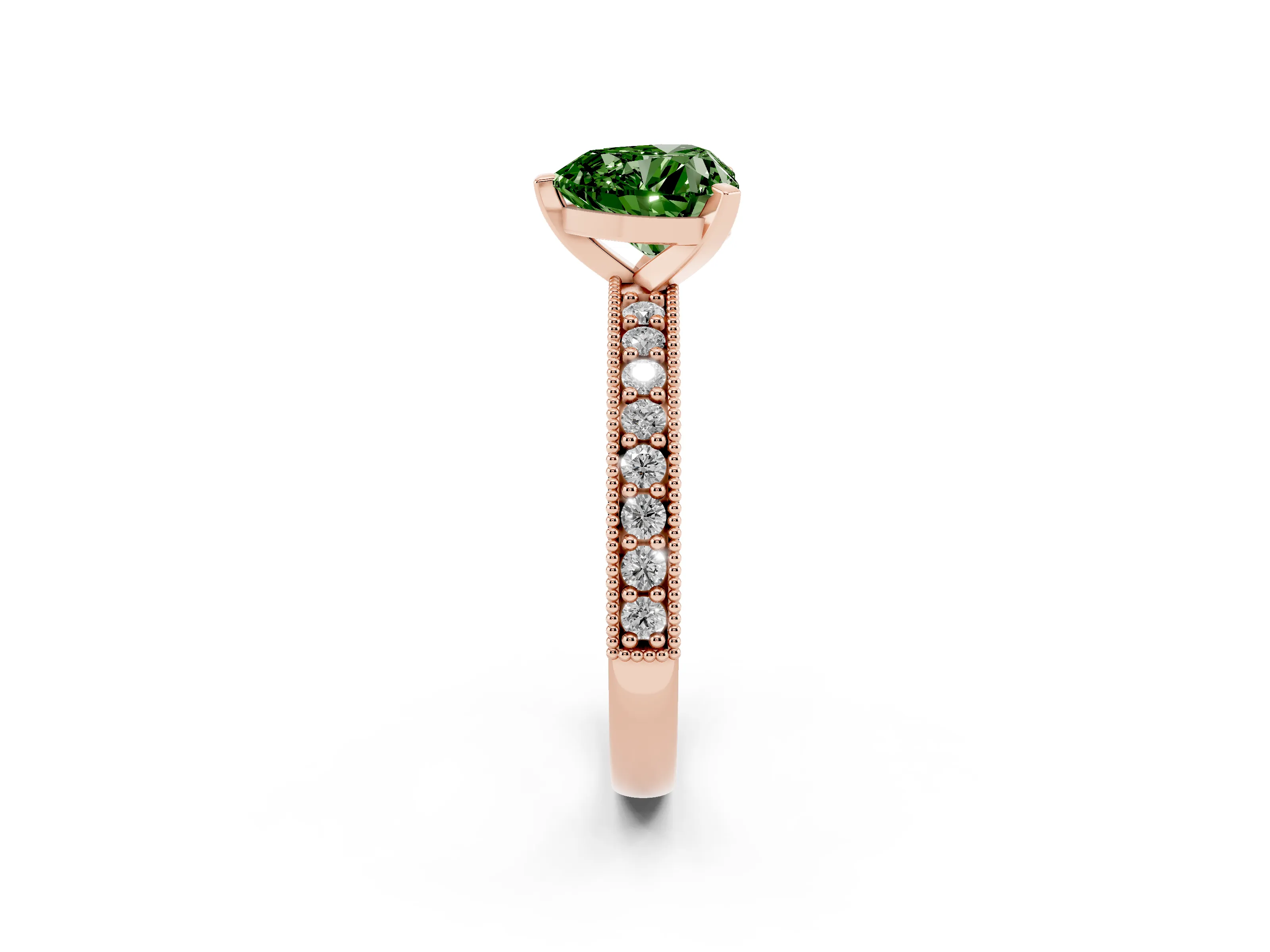 Fancy Green Heart Cut Diamond Milgrain Pavé Engagement Ring Set in Rose gold with Prong Setting