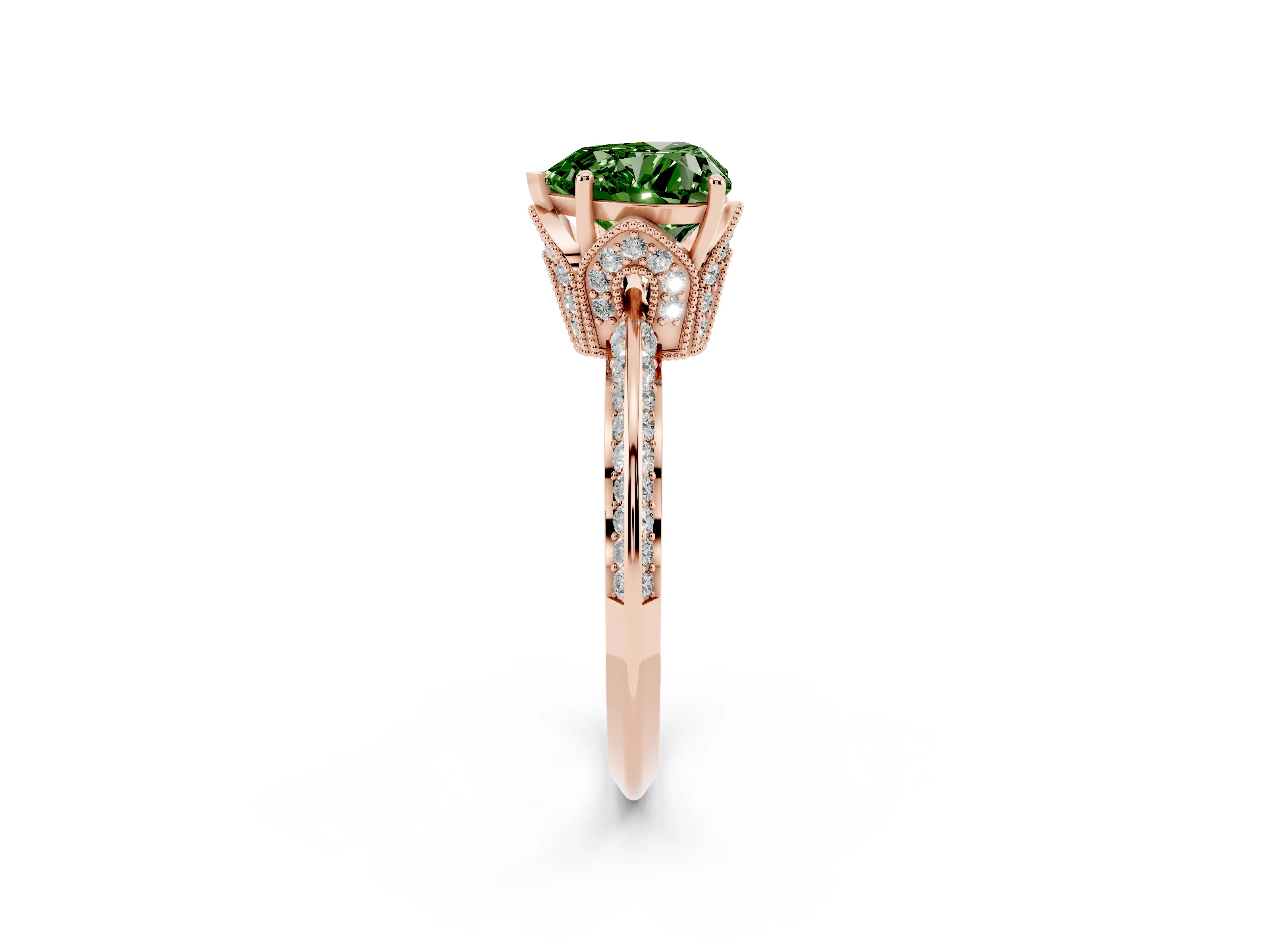Fancy Green Heart Cut Diamond Solitaire Engagement Ring Set in Rose gold with Pavé Split Shank and Prong Setting