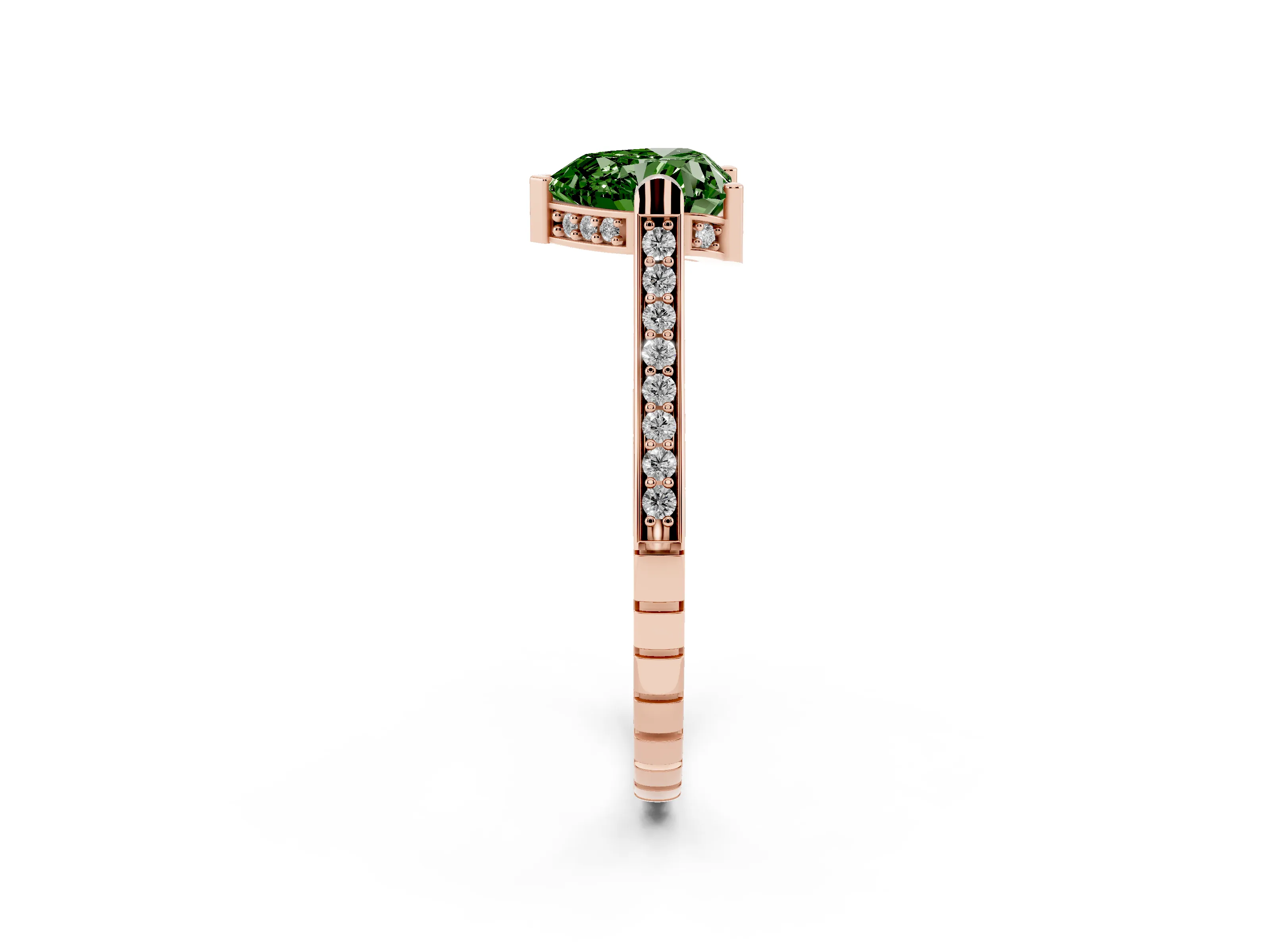 Fancy Green Heart Cut Diamond Solitaire Ring Set in Rose gold with Channel Set Band and Bezel Prong Setting