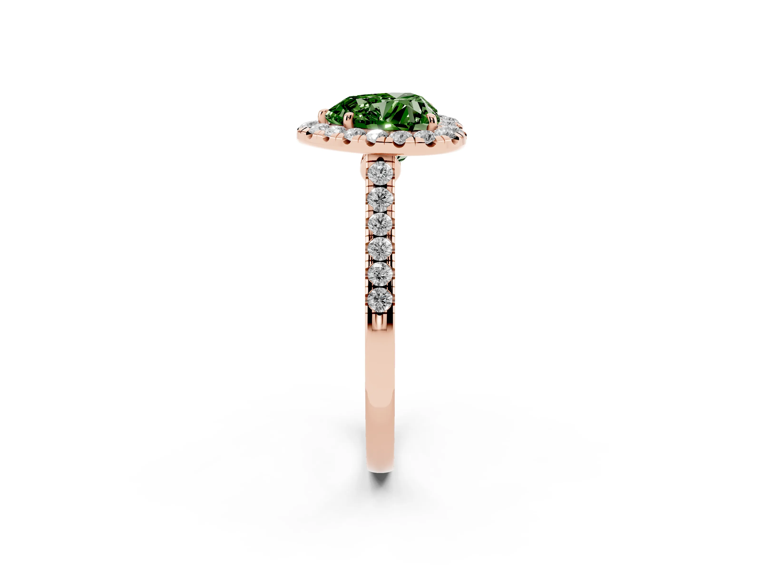 Fancy Green Heart Cut Diamond Halo Pavé Engagement Ring Set in Rose gold with Prong Setting