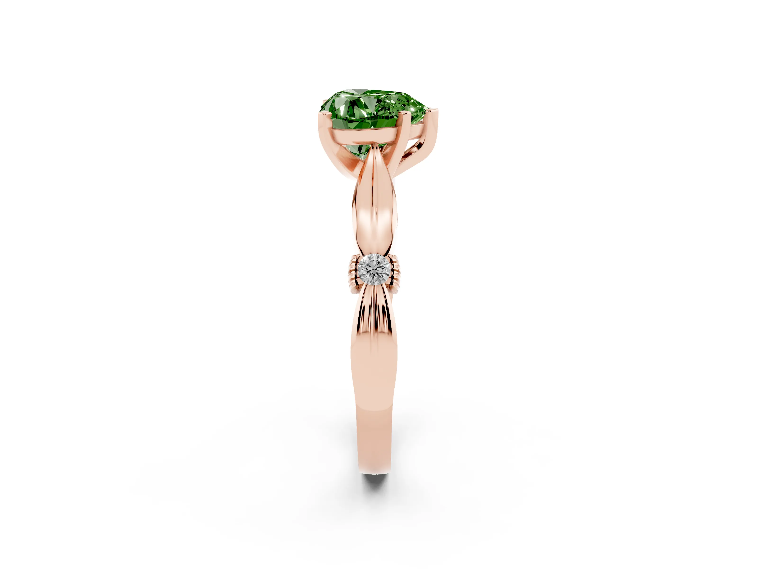 Fancy Green Heart Cut Diamond Solitaire Twisted Band Ring Set in Rose gold with Accent Stones and Prong Setting