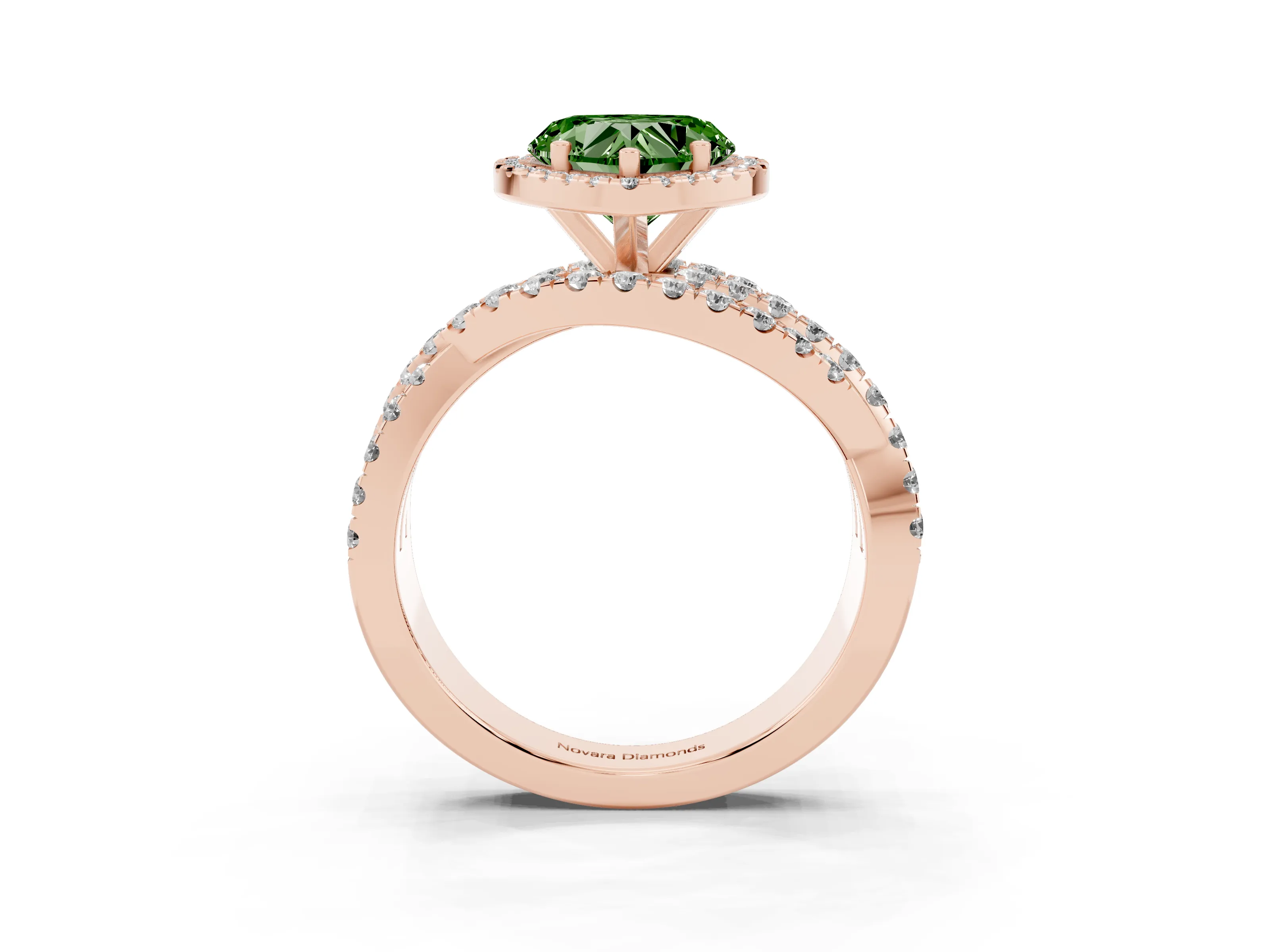 Fancy Green Heart Cut Diamond Halo Ring Set in Rose gold with Round Crossover Split Shank and Prong Setting