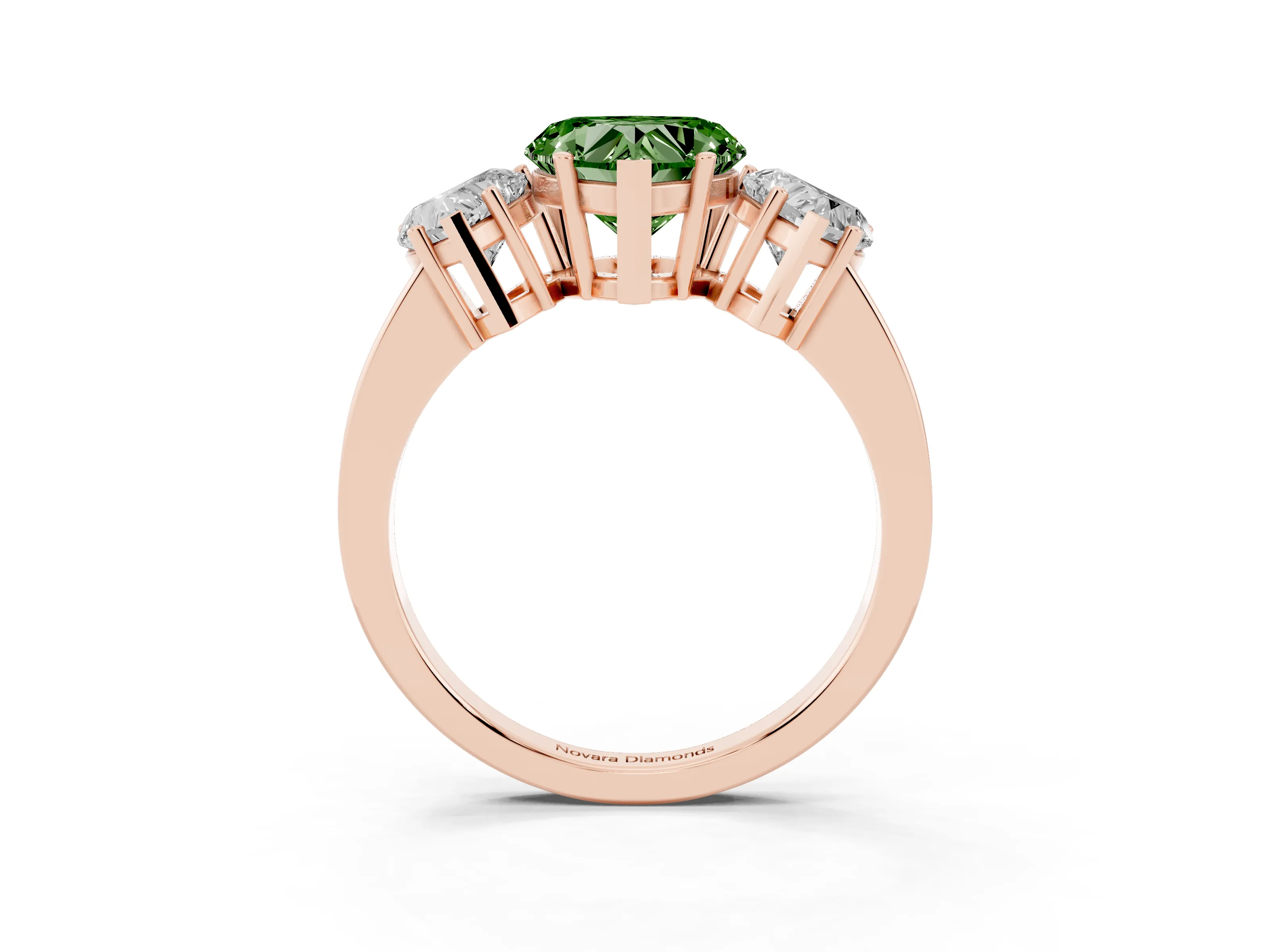 Fancy Green Heart Cut Diamond Three-Stone Engagement Ring Set in Rose gold with Flat Band