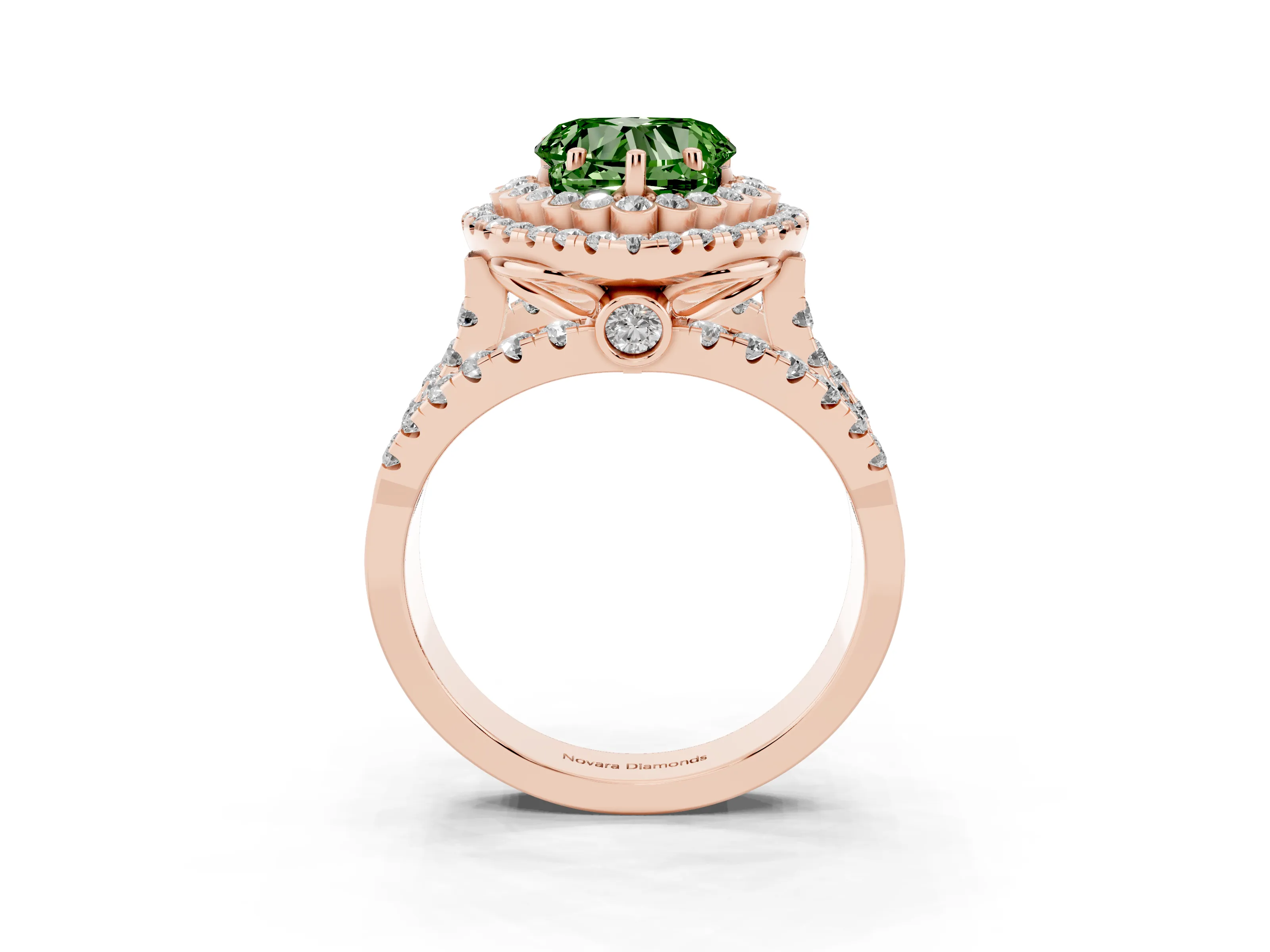 Fancy Green Heart Cut Diamond Double Halo Ring Set in Rose gold with Round Pavé Split Shank