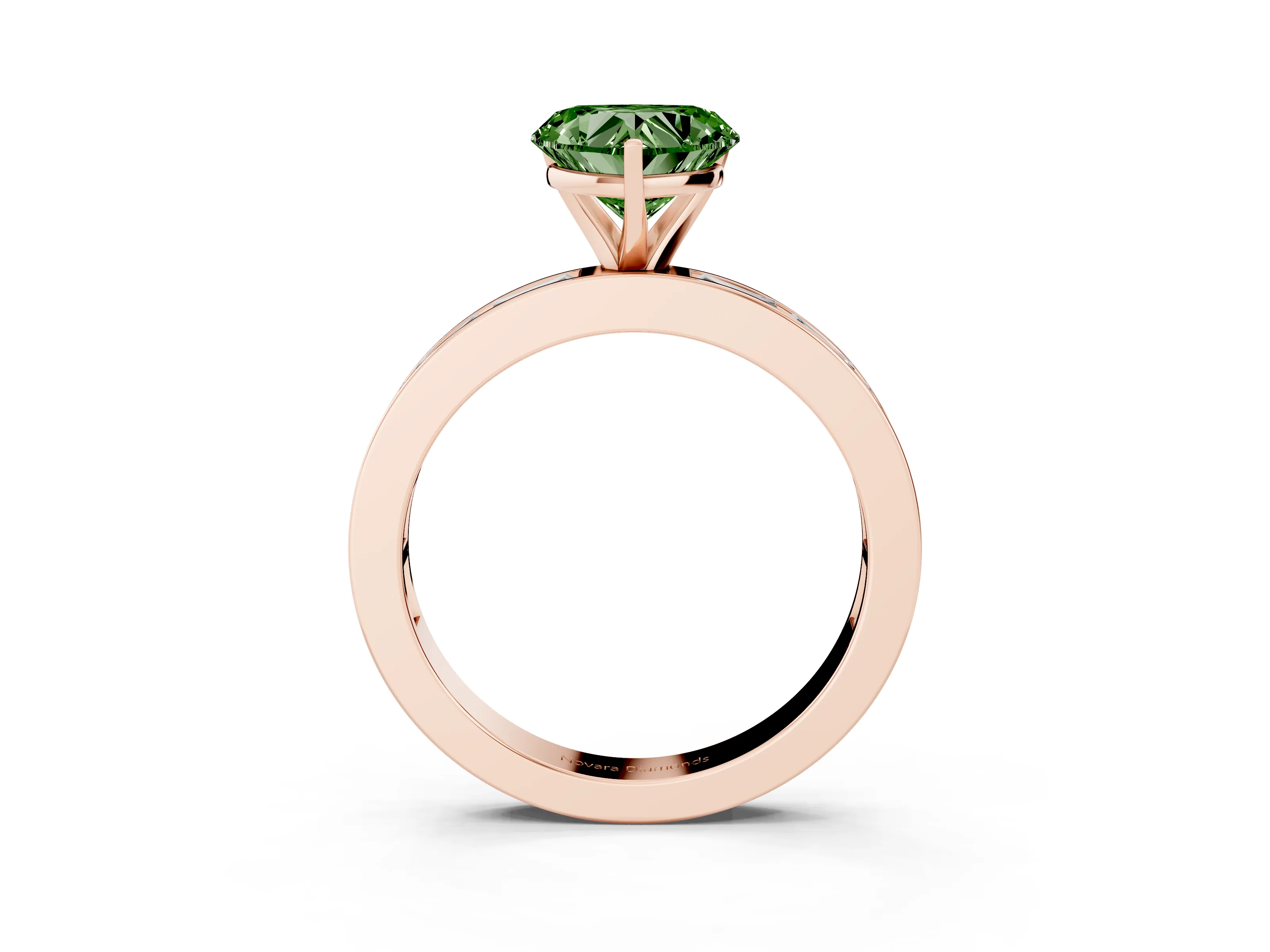 Fancy Green Heart Cut Diamond Solitaire Ring Set in Rose gold with Channel-Set Baguette Band and Prong Setting
