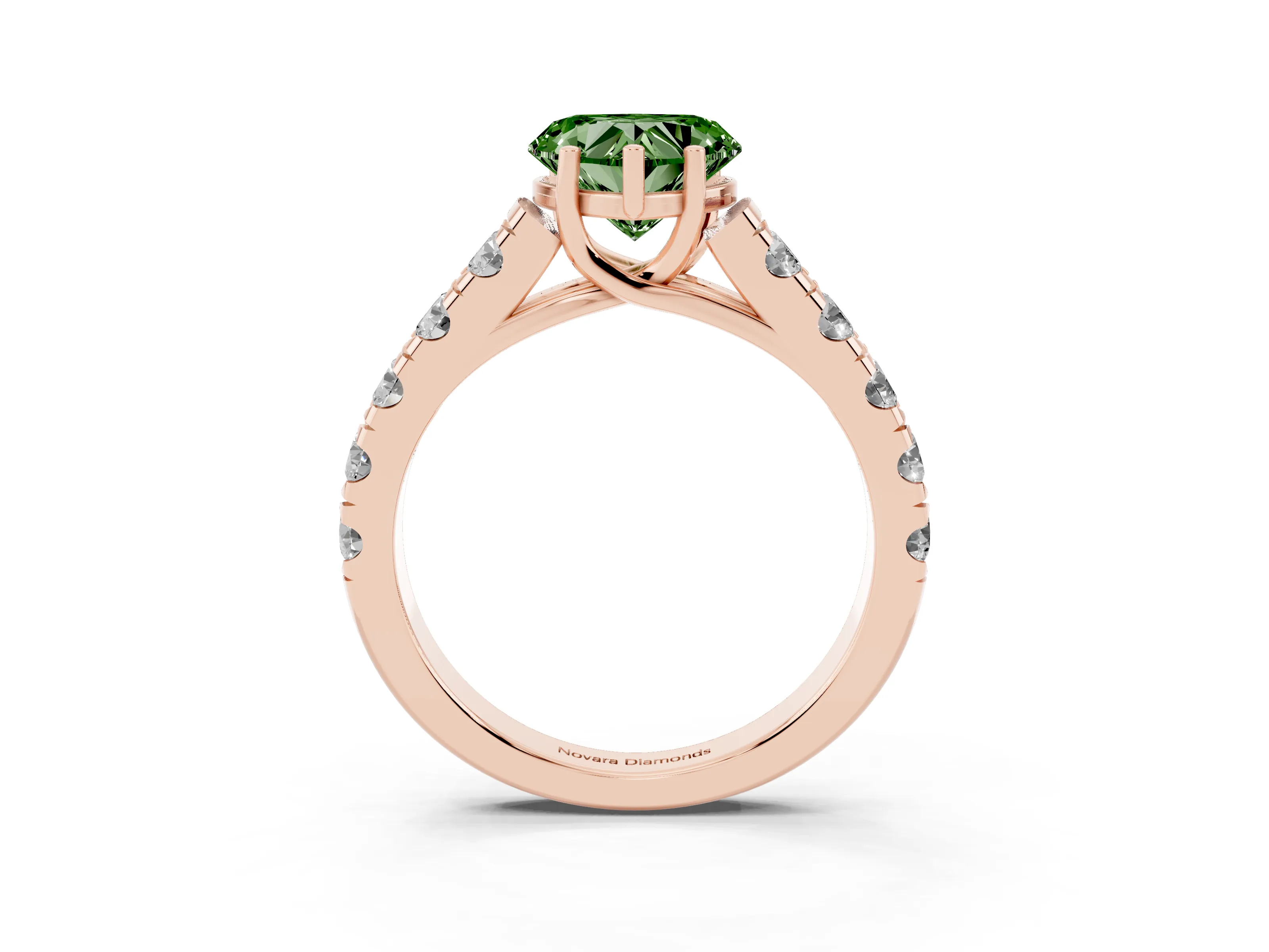 Fancy Green Heart Cut Diamond Solitaire Ring Set in Rose gold with Cut-Down Micro Pavé Band and Prong Setting