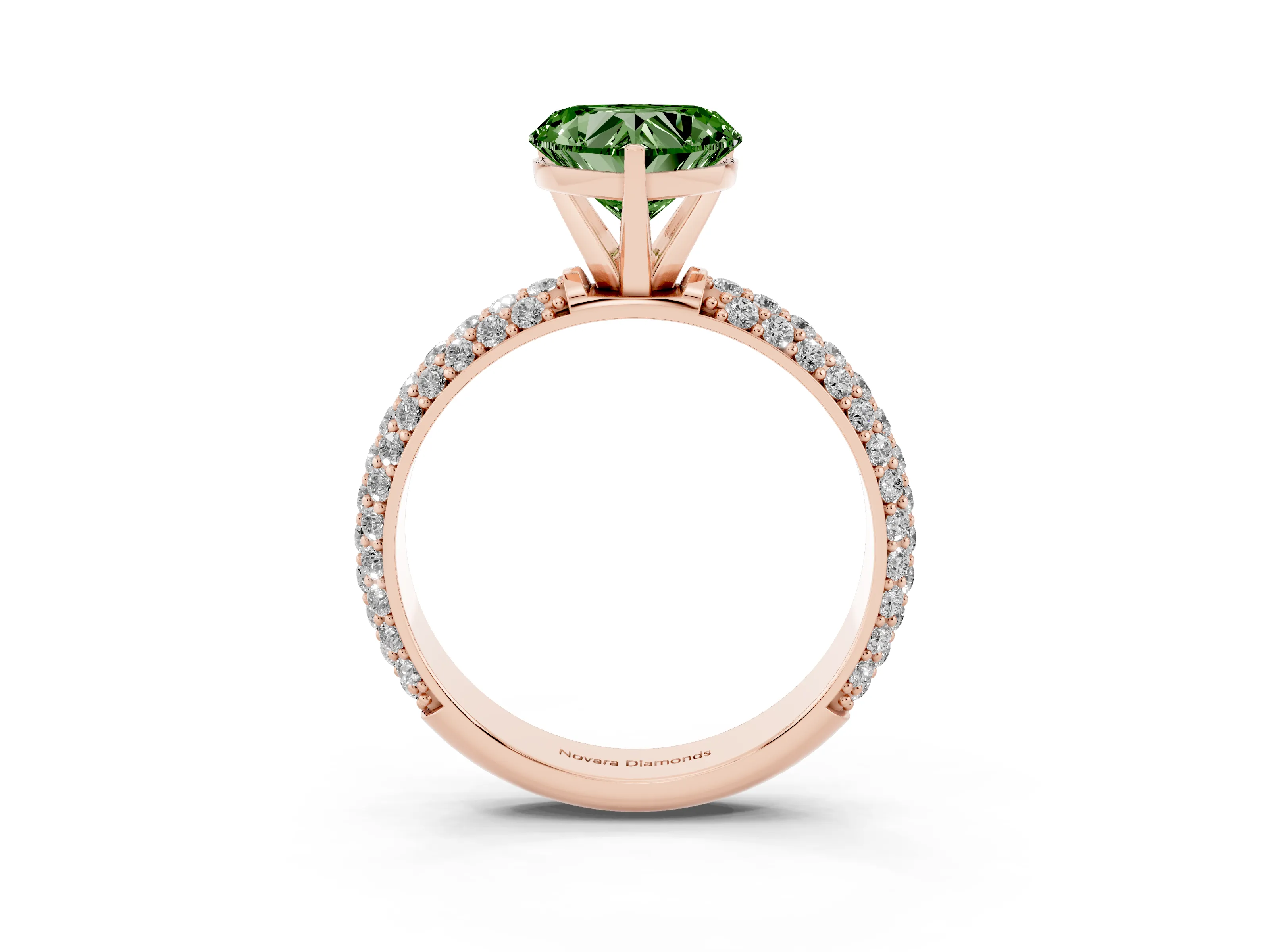 Fancy Green Heart Cut Diamond Solitaire Ring Set in Rose gold with Prong Setting and Pavé-Set Band