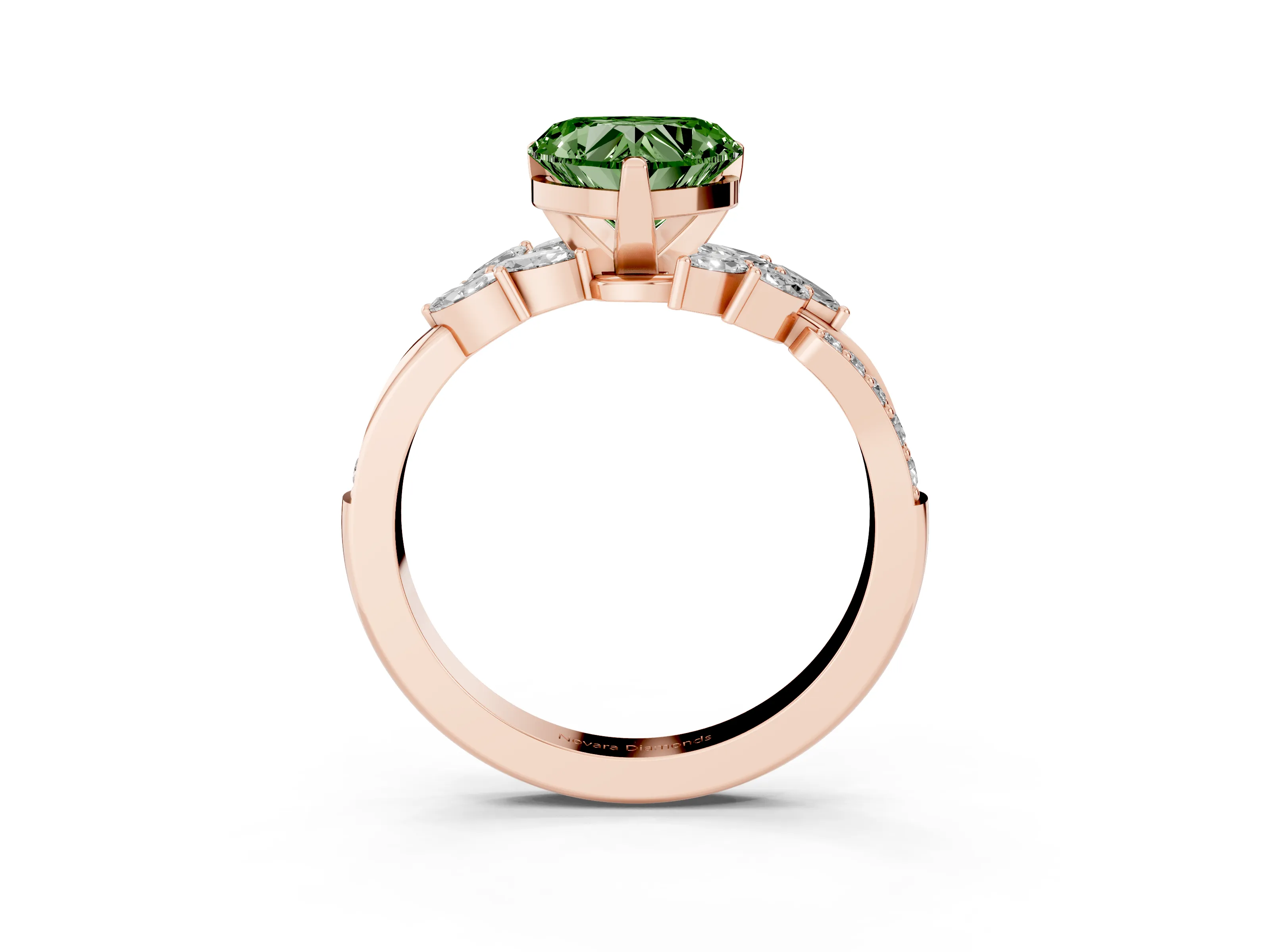 Fancy Green Heart Cut Diamond Solitaire Ring Set in Rose gold with Marquise Twist Band and Prong Setting