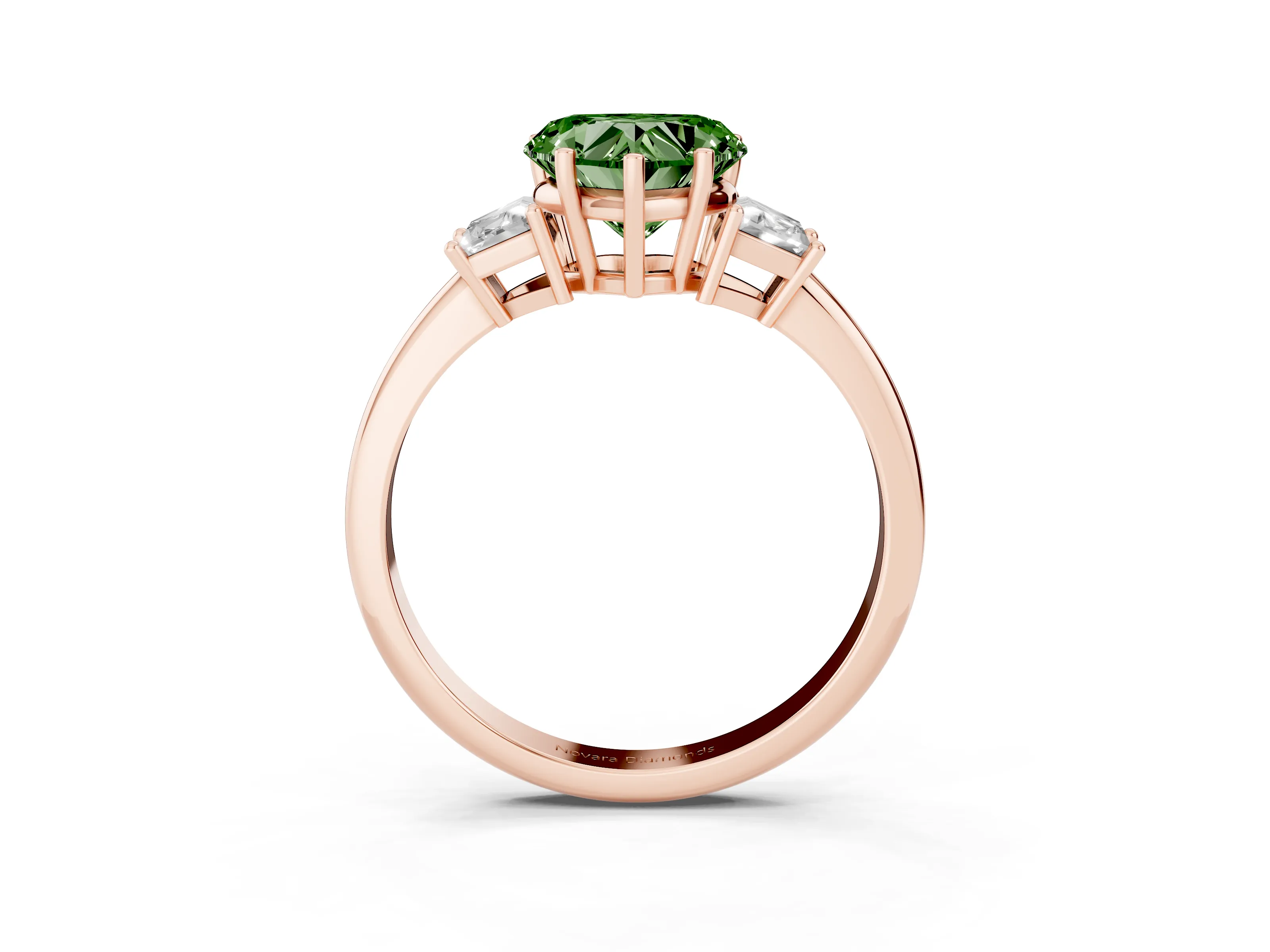 Fancy Green Heart Cut Diamond Three-Stone Ring Set in Rose gold with Trapezoid Side Stones and Prong Setting