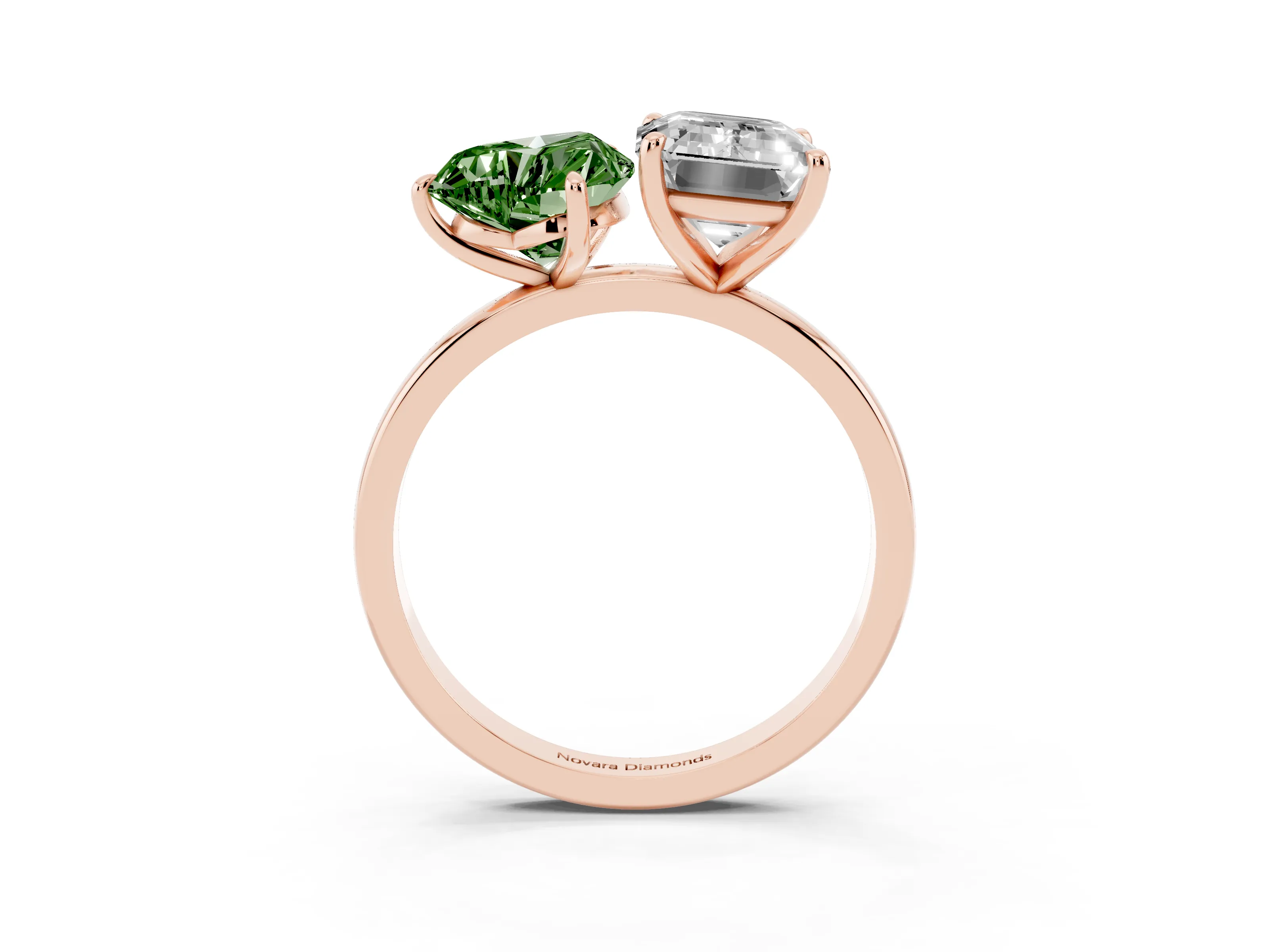 Fancy Green Heart Cut and Emerald Cut Toi Moi Ring Set in Rose gold with Prong Setting
