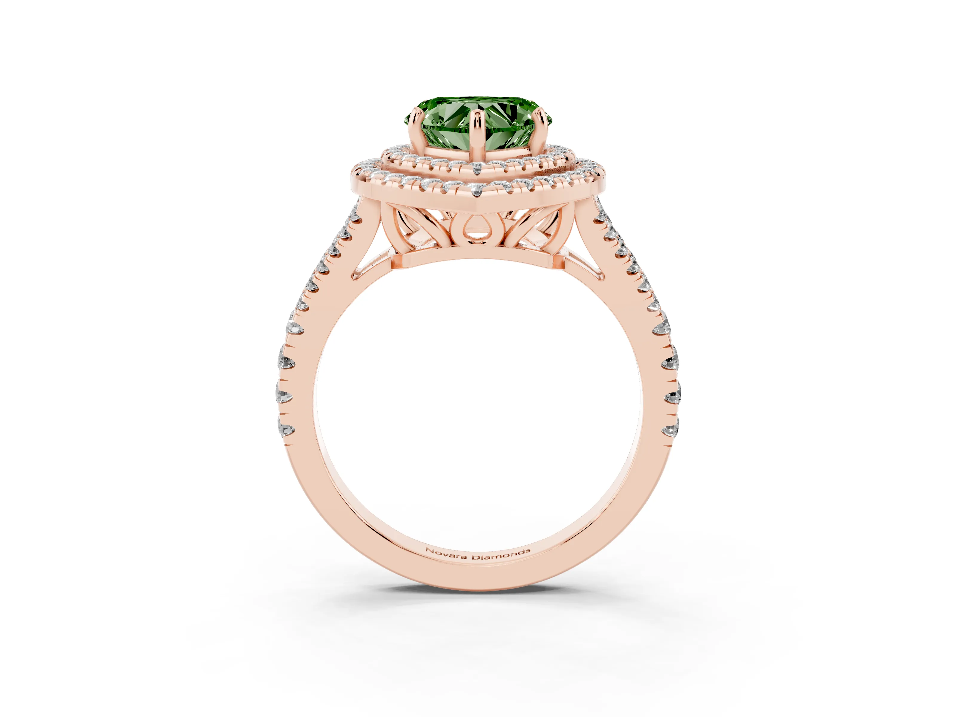 Fancy Green Heart Cut Diamond Double Halo Ring Set in Rose gold with Pavé Band