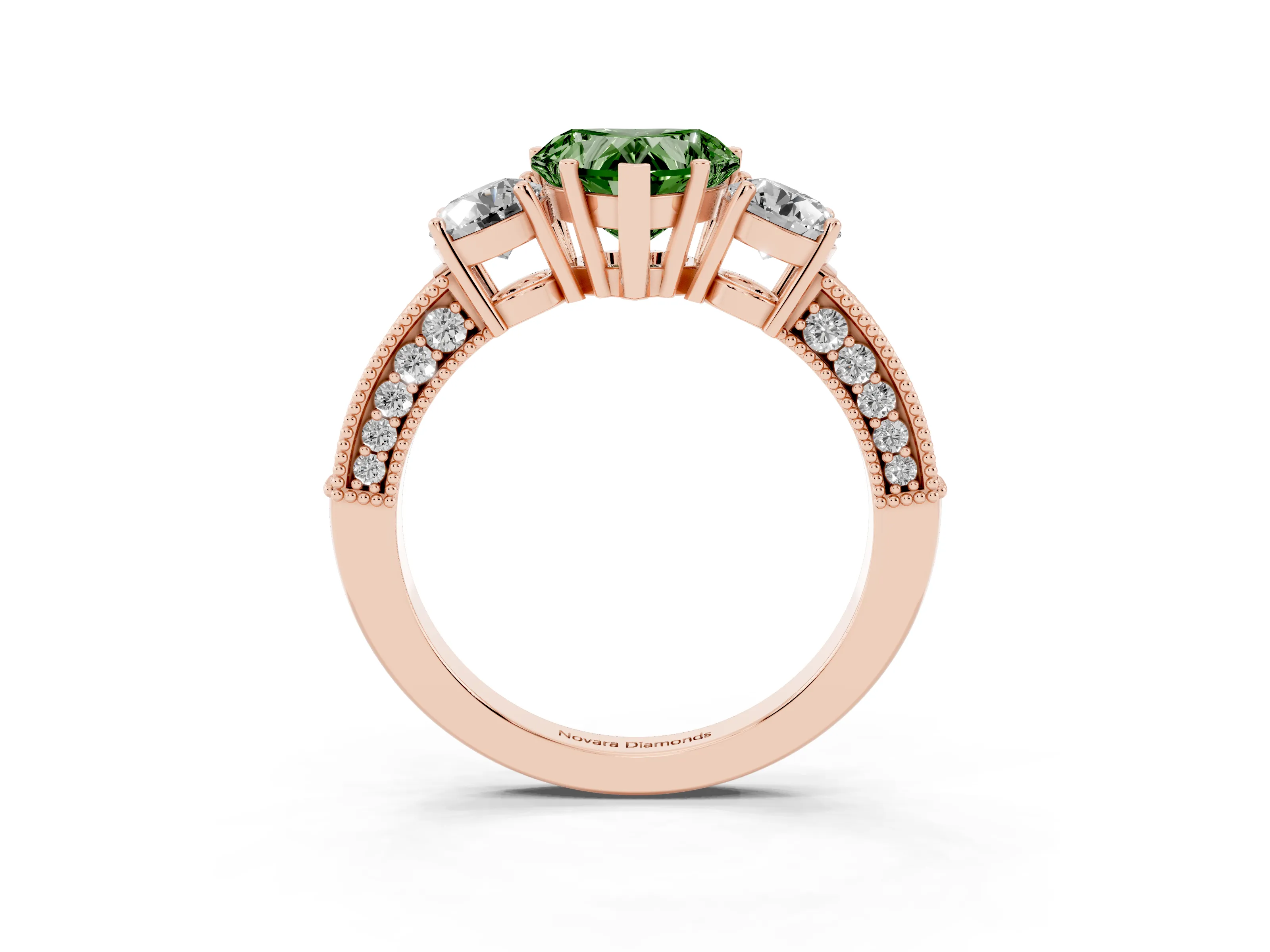 Fancy Green Heart Cut Diamond Three-Stone Ring Set in Rose gold with Round Side Stones and Pavé Band