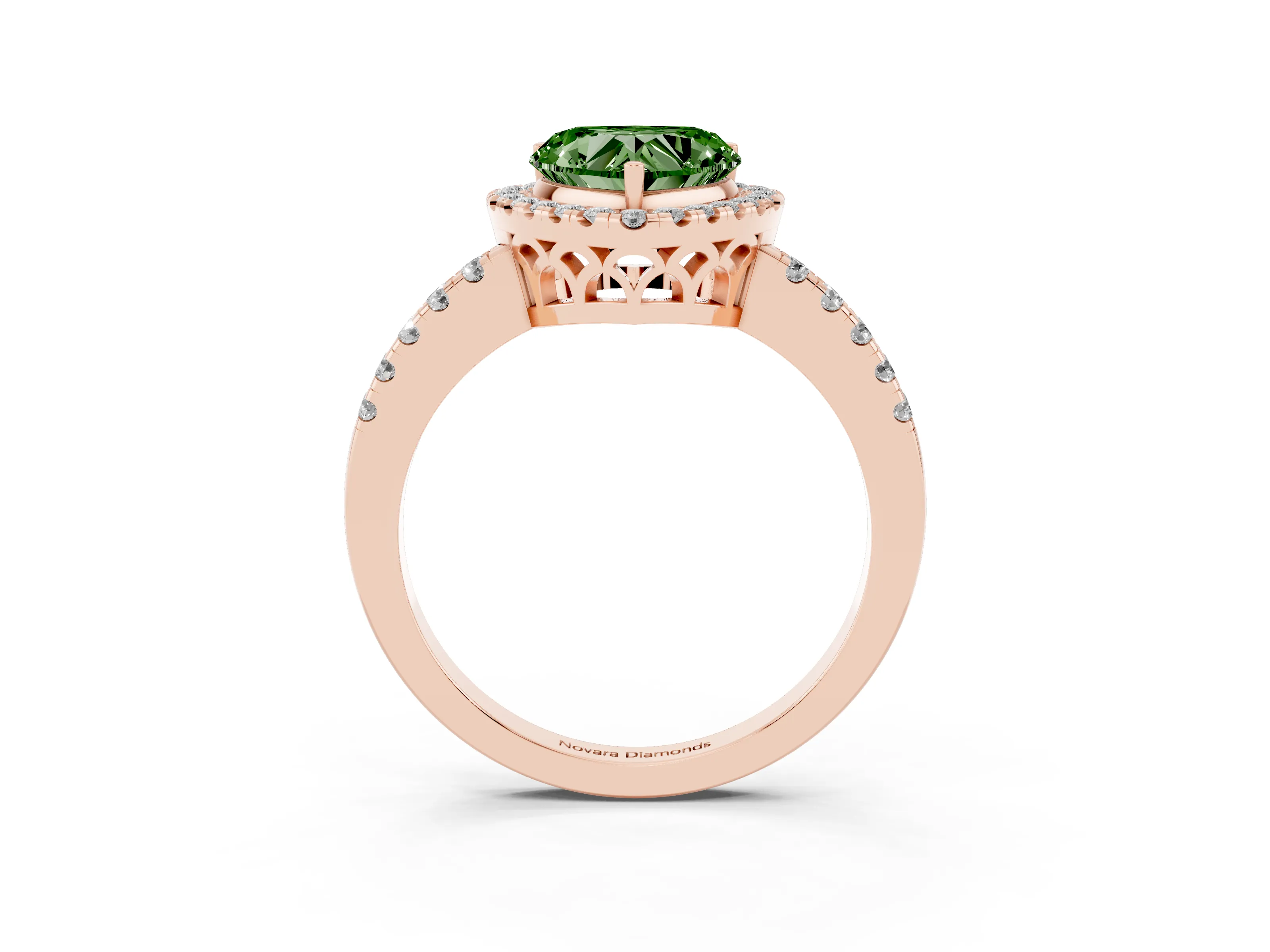 Fancy Green Heart Cut Diamond Pavé Band Halo Engagement Ring Set in Rose gold with Prong Setting