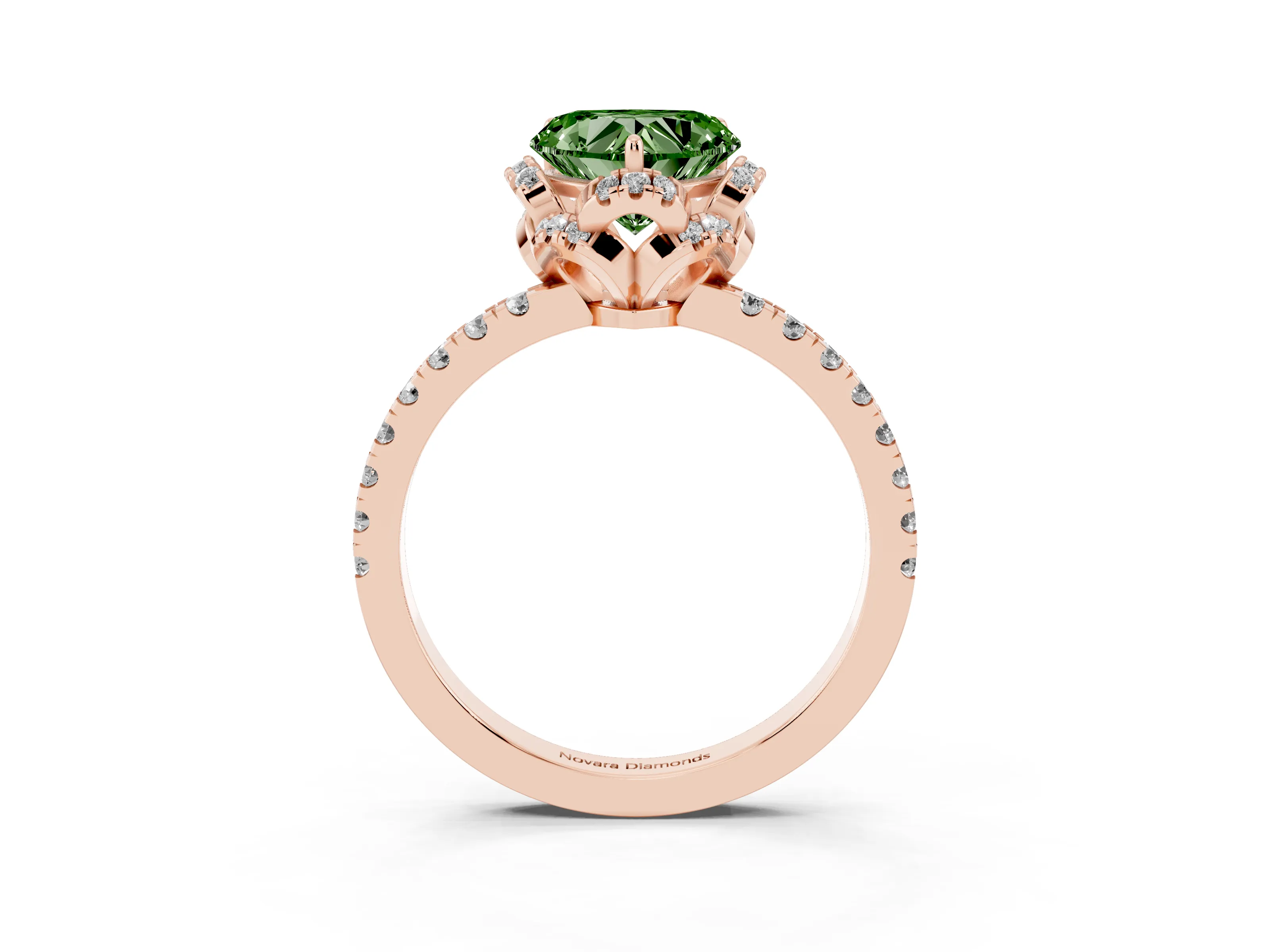 Fancy Green Heart Cut Diamond Halo Pavé Band Ring Set in Rose gold with Prong-Held Center
