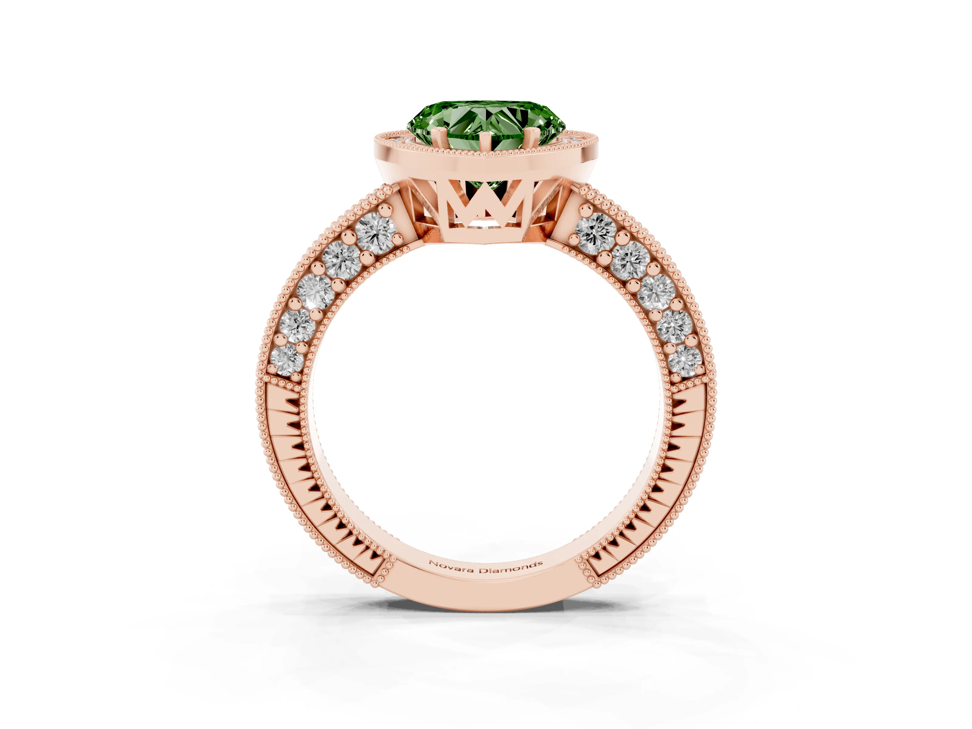 Fancy Green Heart Cut Diamond Halo Pavé Band Ring Set in Rose gold with Prong-Set Center