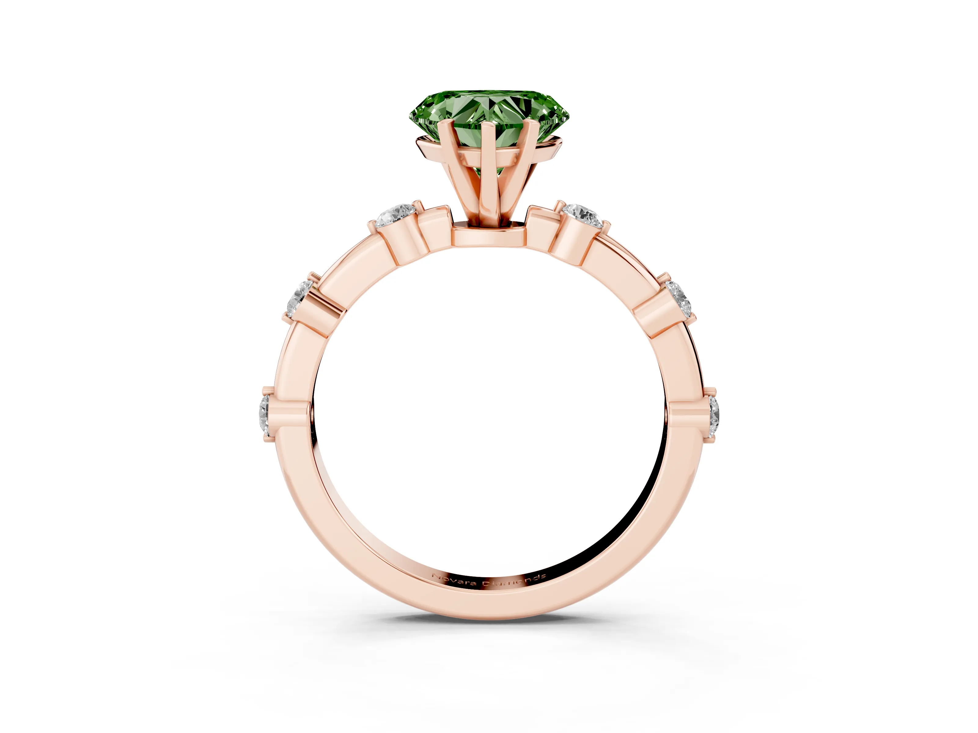 Fancy Green Heart Cut Diamond Solitaire Ring Set in Rose gold with Bezel Set Side Stones and Prong Setting