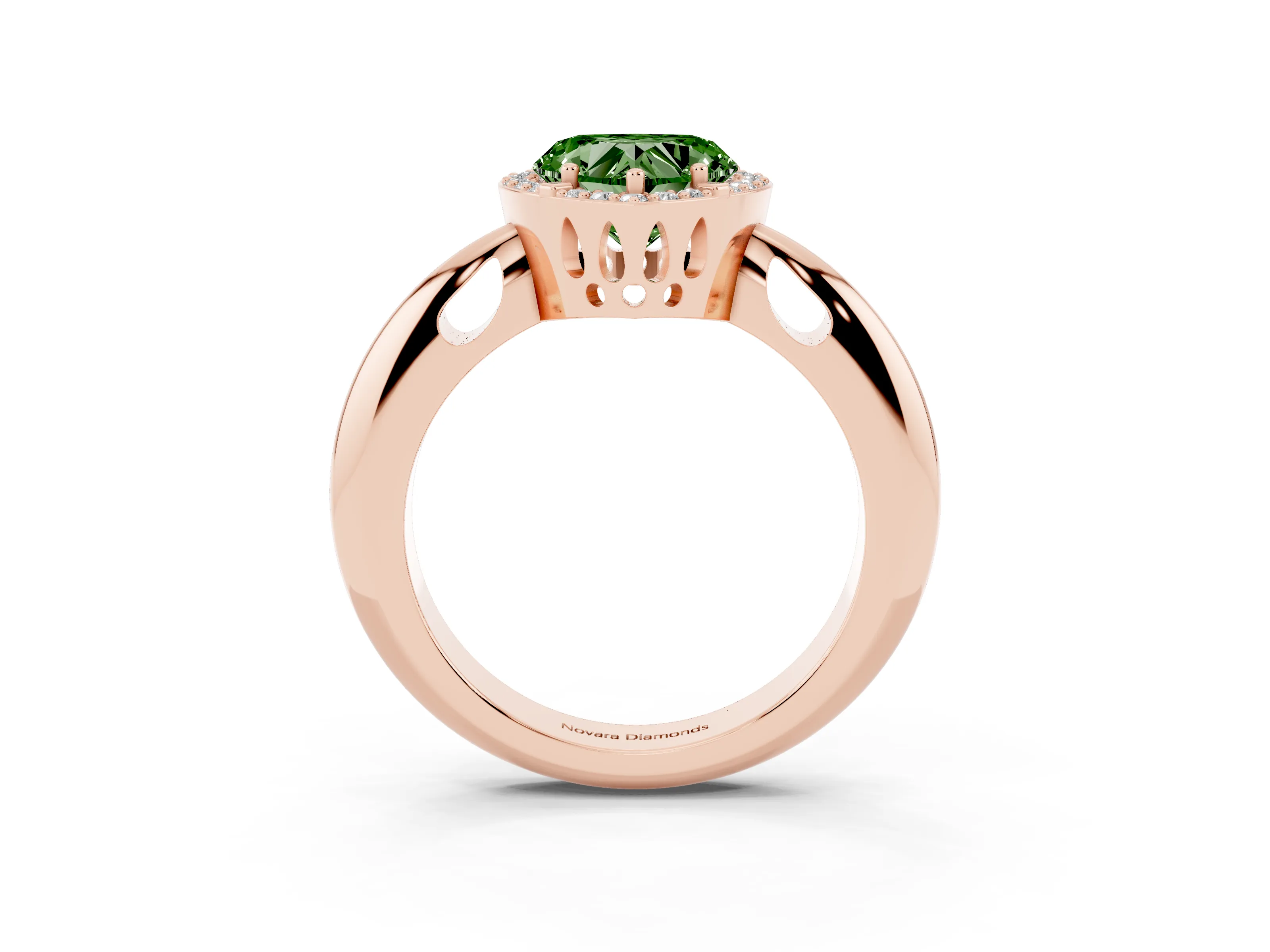 Fancy Green Heart Cut Diamond Halo Engagement Ring Set in Rose gold with Plain Split Shank and Prong Setting