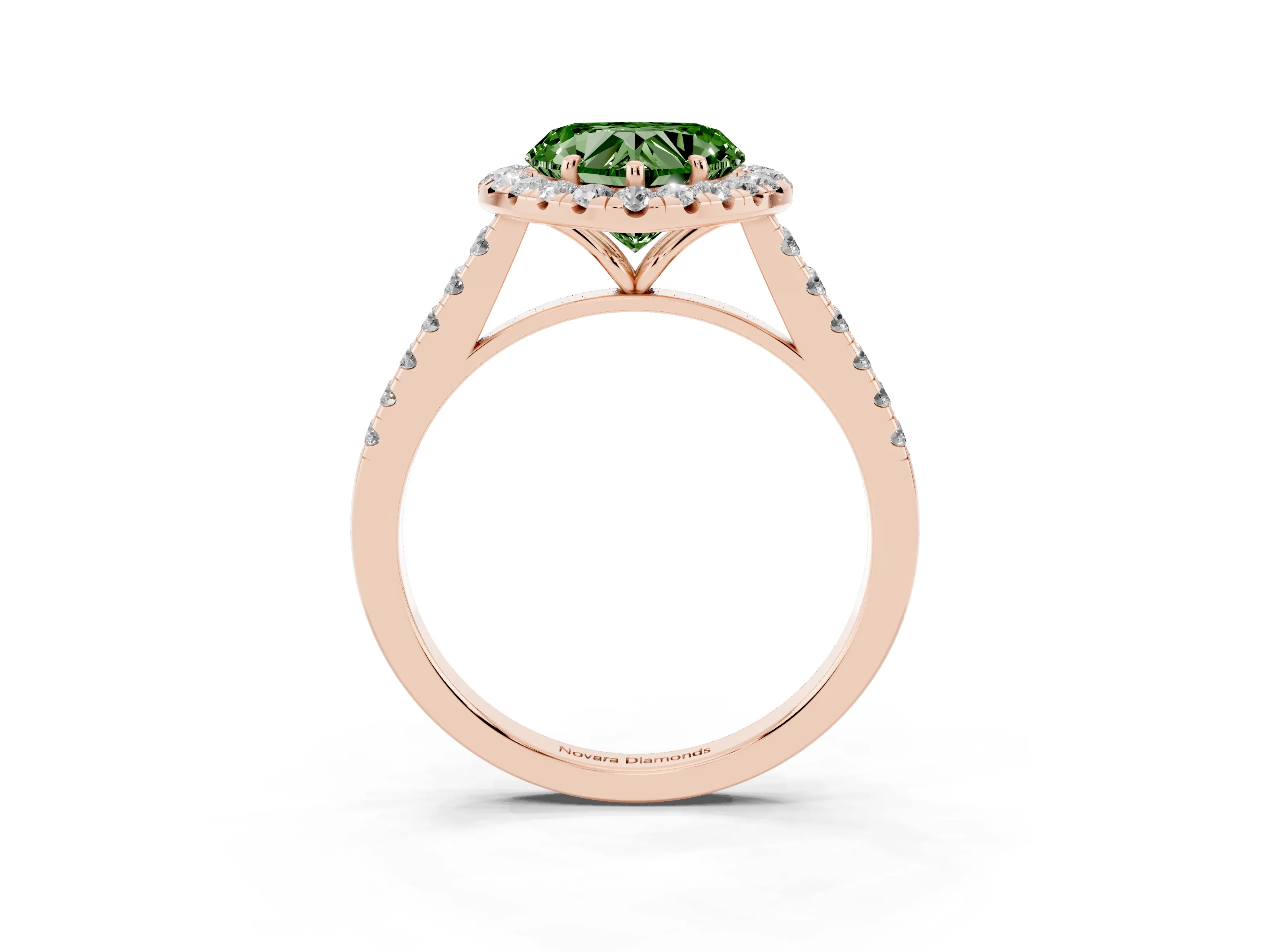 Fancy Green Heart Cut Diamond Halo Pavé Engagement Ring Set in Rose gold with Prong Setting