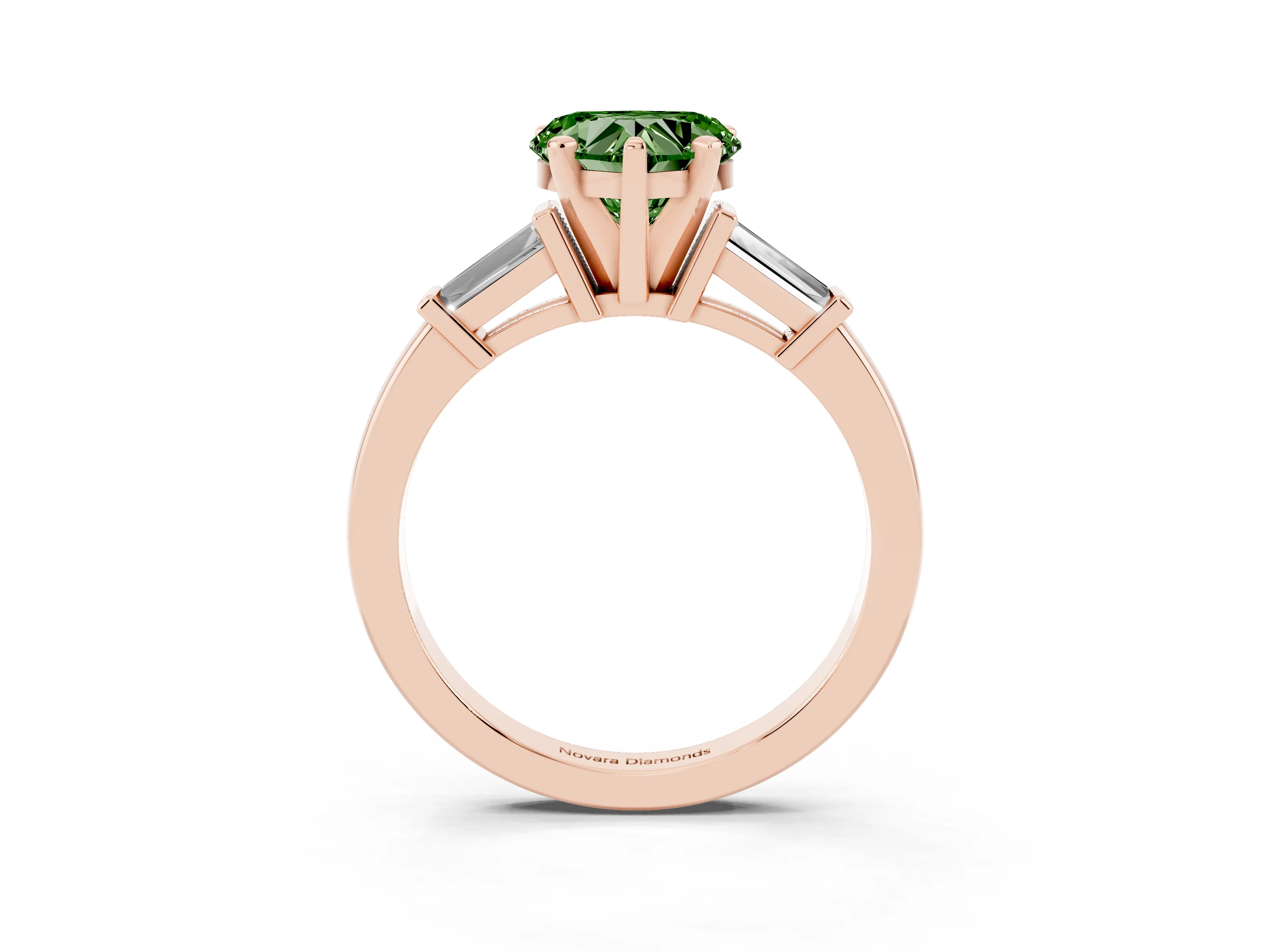 Fancy Green Heart Cut Diamond Solitaire Ring Set in Rose gold with Tapered Baguette Accents and Prong Setting