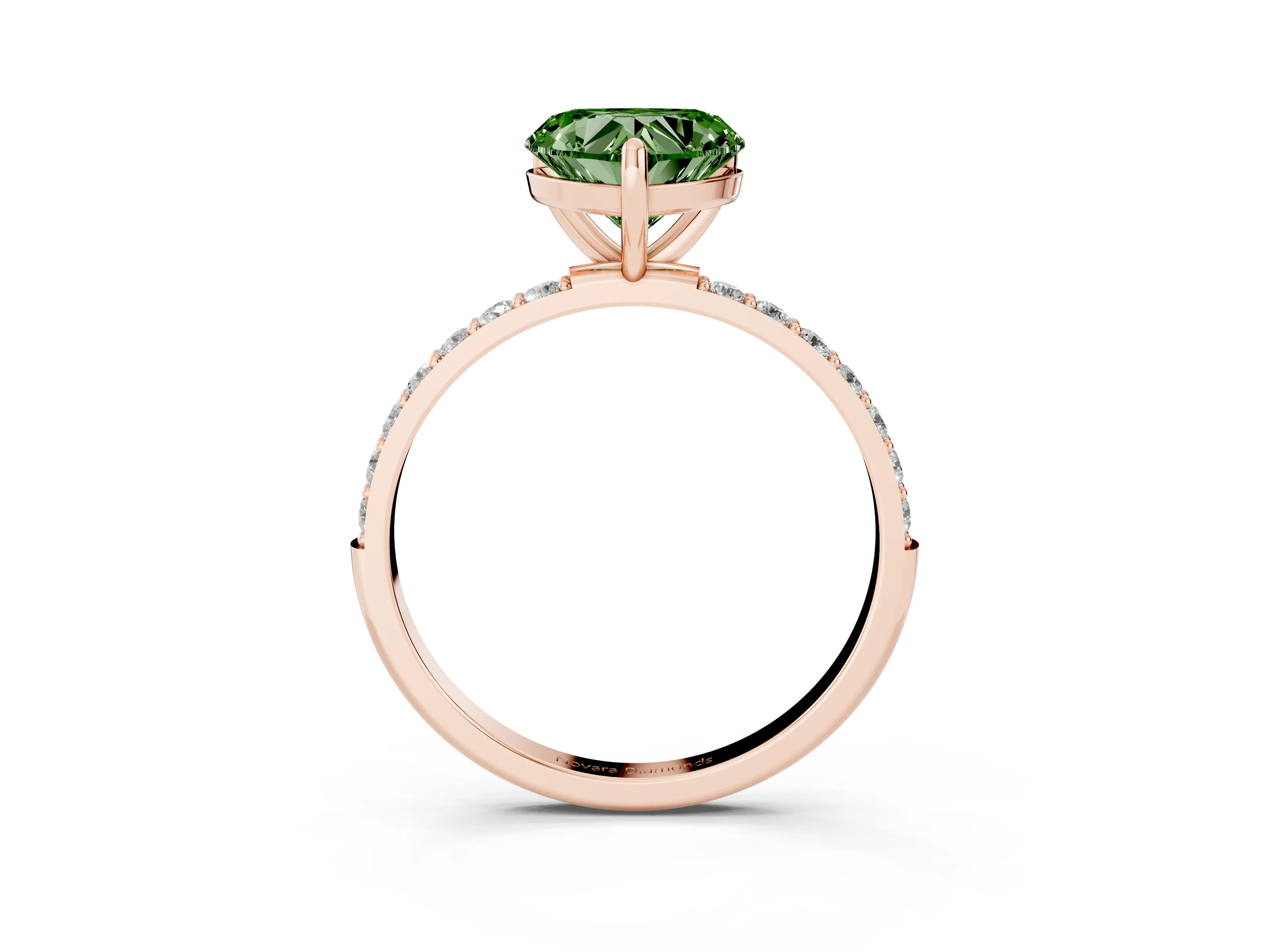 Fancy Green Heart Cut Diamond Solitaire Ring Set in Rose gold with Round Pavé Band and Prong Setting