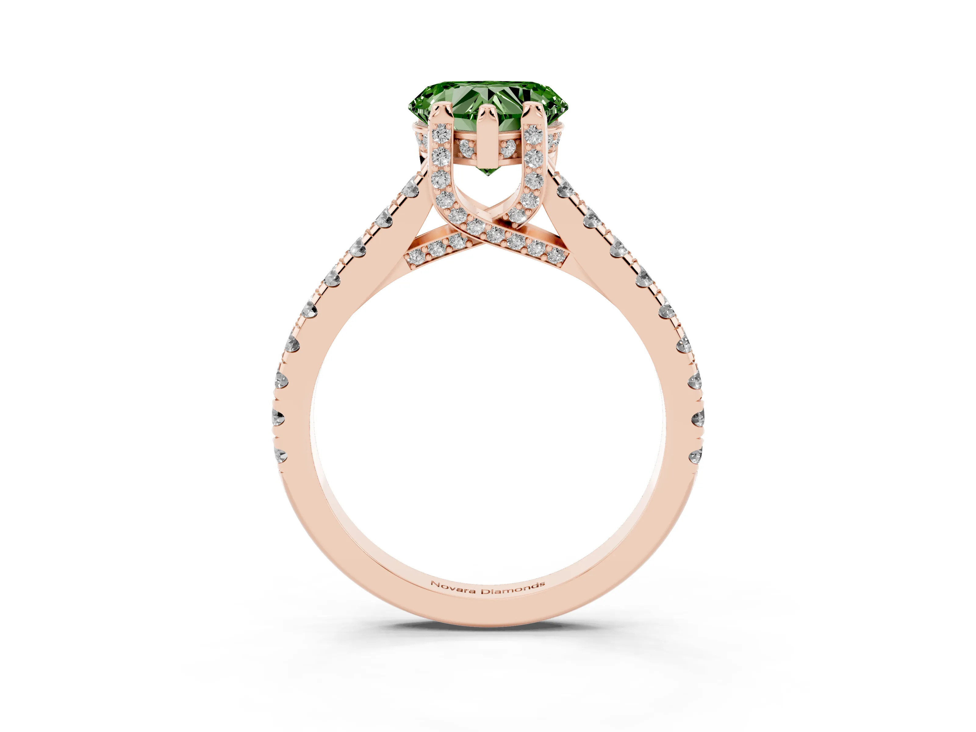 Fancy Green Heart Cut Diamond Solitaire Ring Set in Rose gold with Brilliant Pavé Band and Prong Setting
