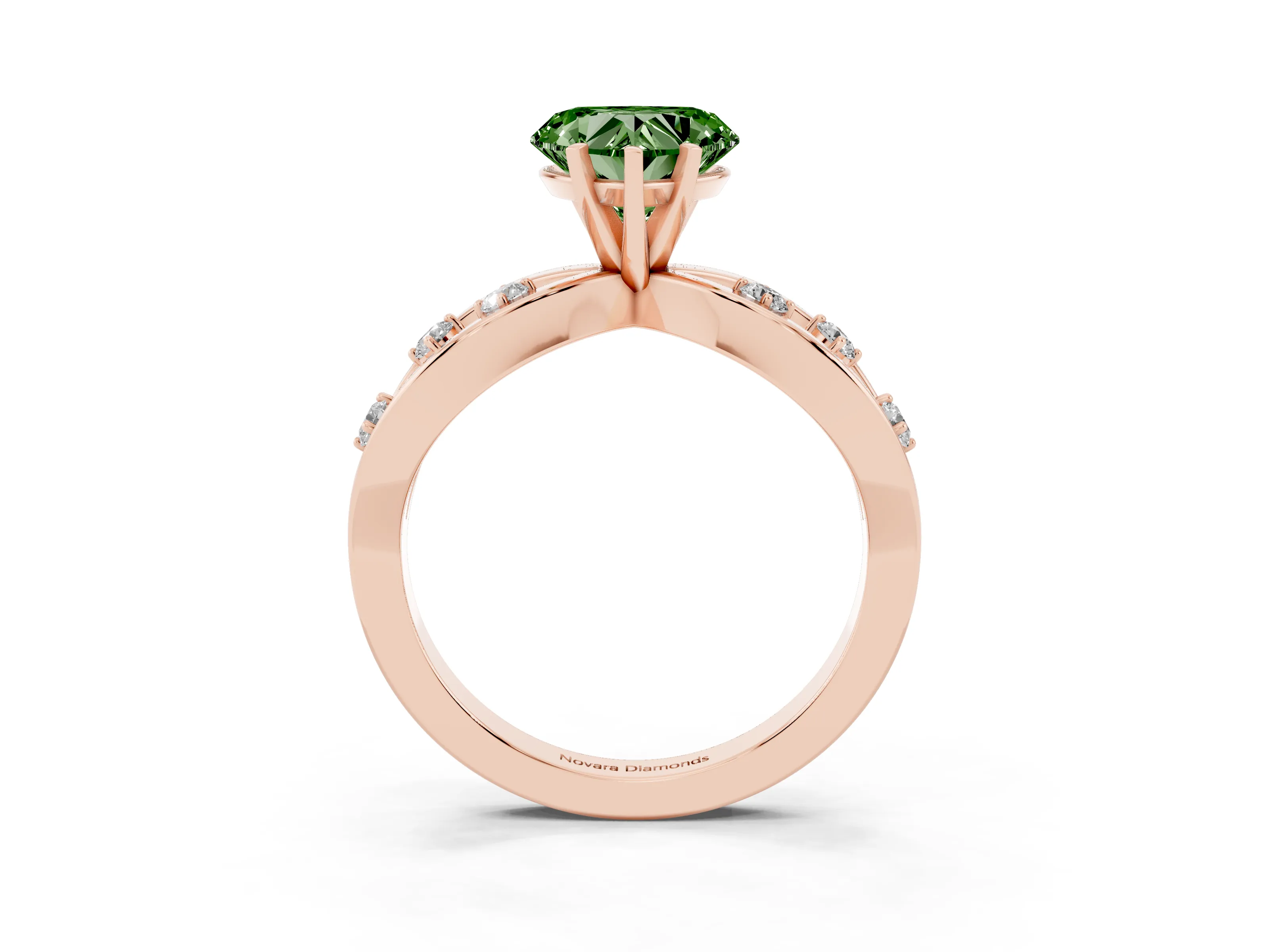Fancy Green Heart Cut Diamond Solitaire Ring Set in Rose gold with Side Stones on Criss-Cross Band and Prong Setting