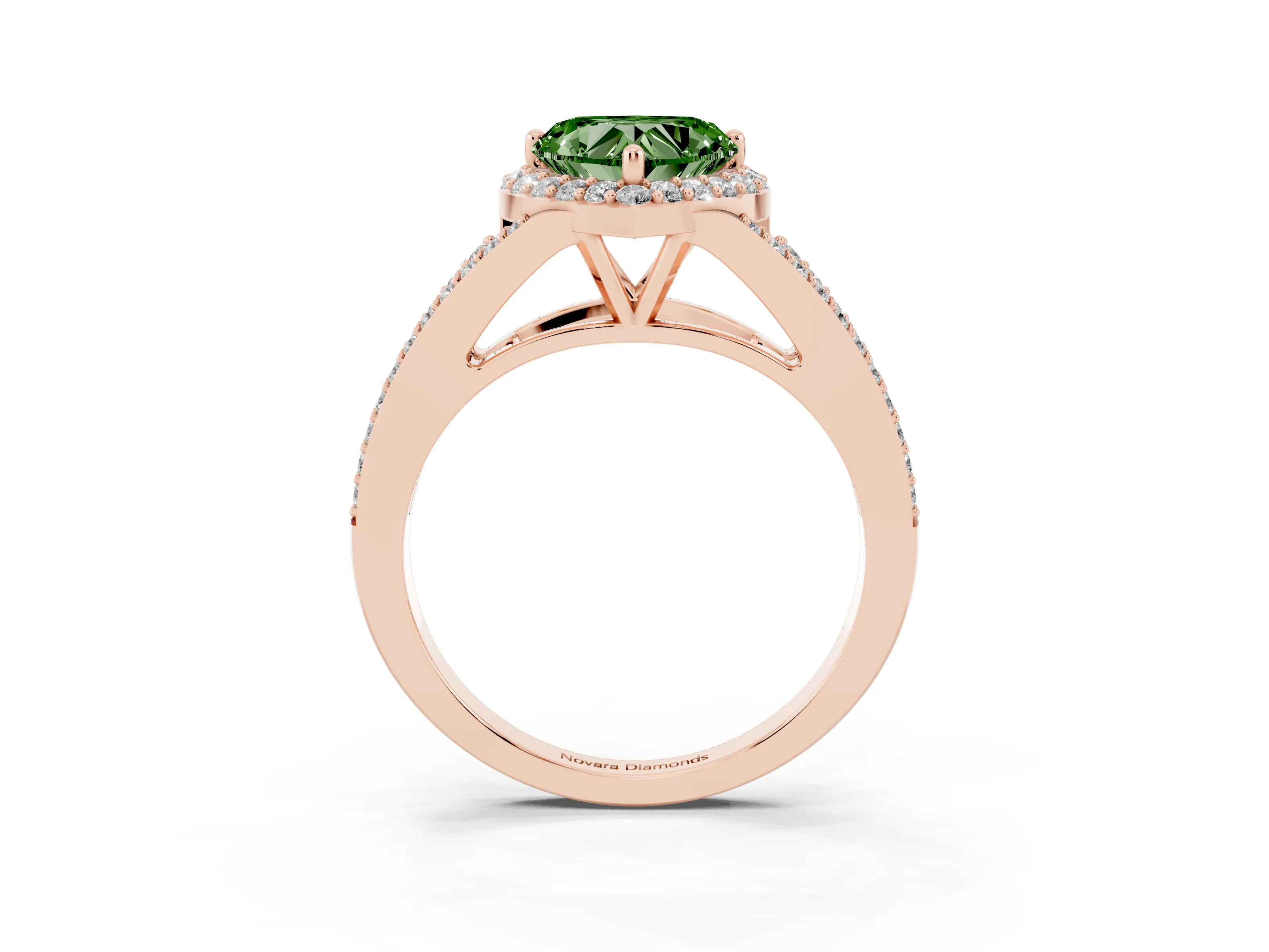 Fancy Green Heart Cut Diamond Halo Split Shank Pavé Ring Set in Rose gold with Prong Setting