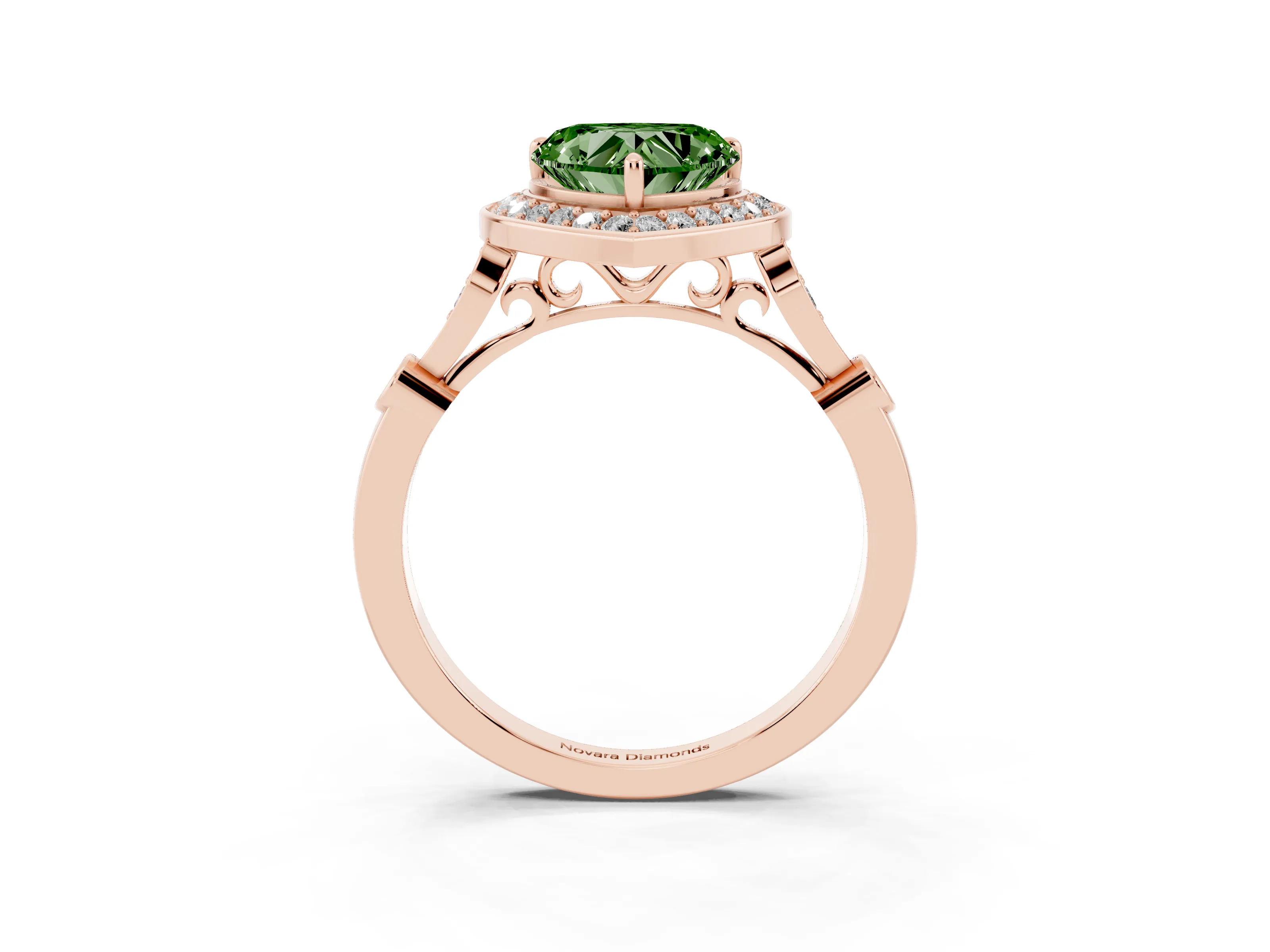 Fancy Green Heart Cut Diamond Halo Engagement Ring Set in Rose gold with Twisted Band and Prong Setting