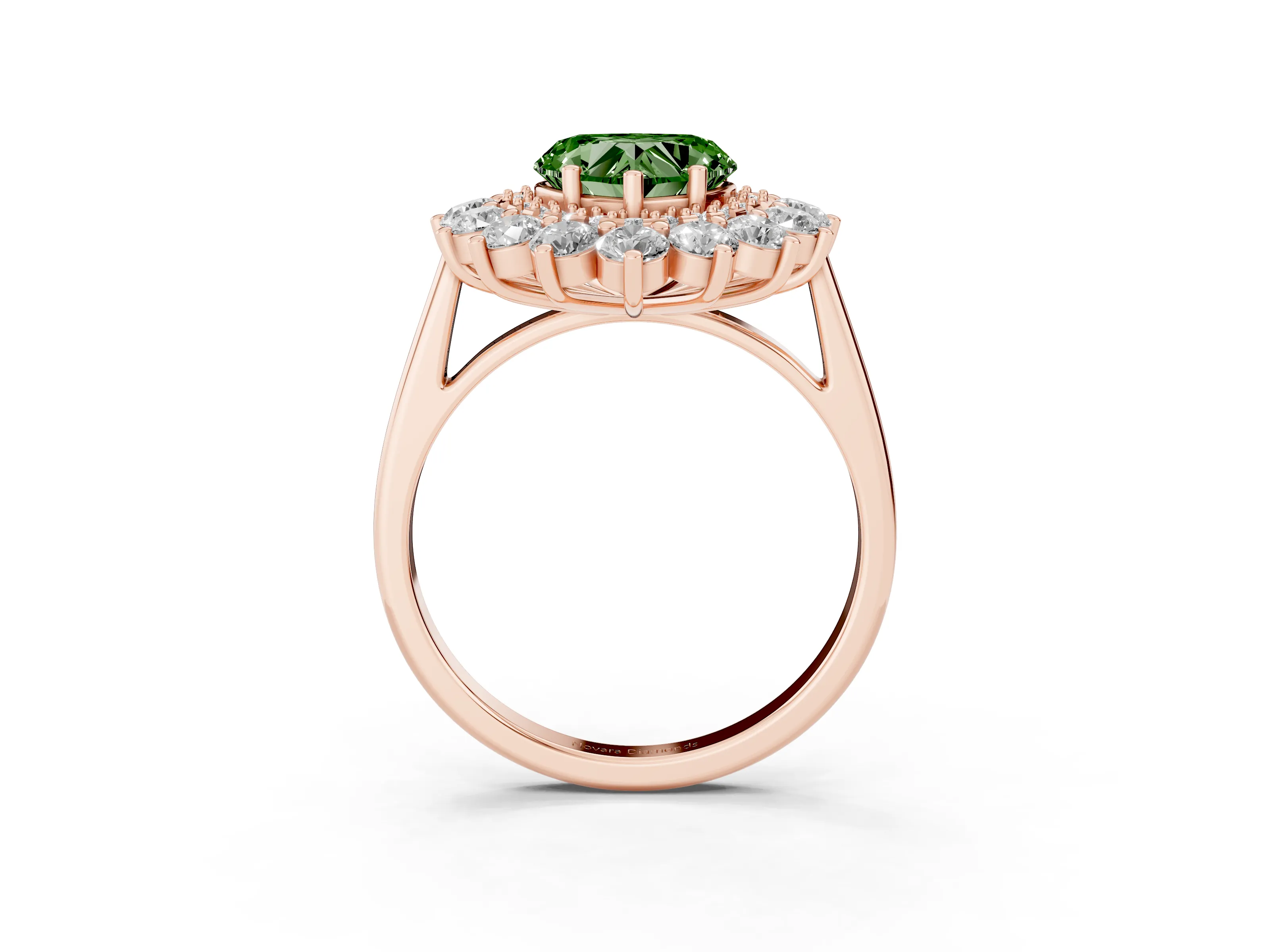 Fancy Green Heart Cut Diamond Floral Double Halo Ring Set in Rose gold with Round Petals