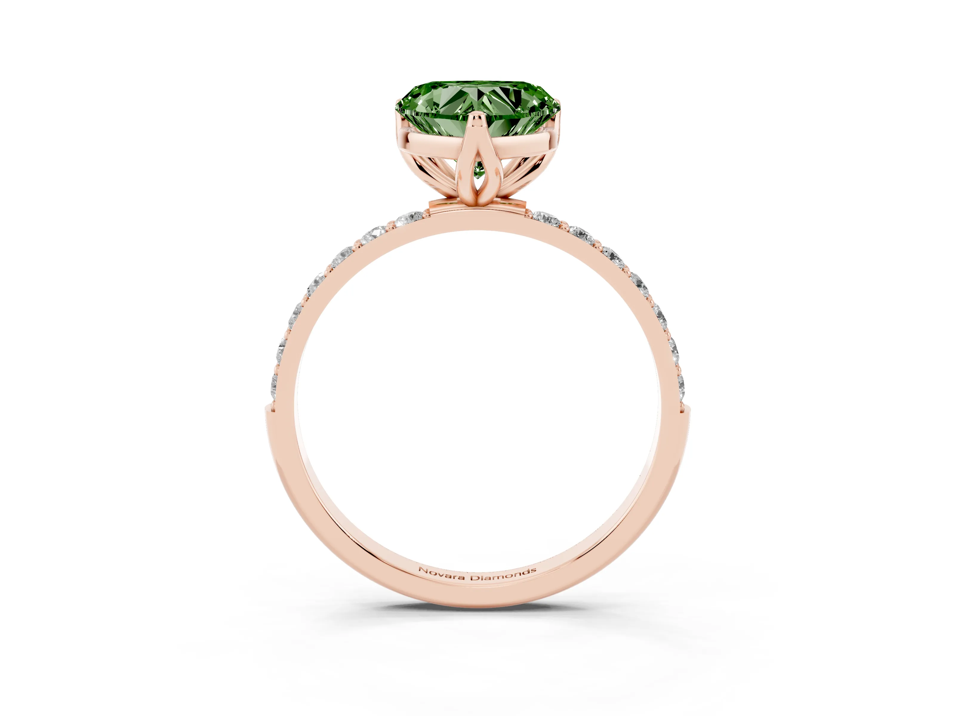 Fancy Green Heart Cut Diamond Solitaire Engagement Ring Set in Rose gold with Round Pavé Band and Prong Setting