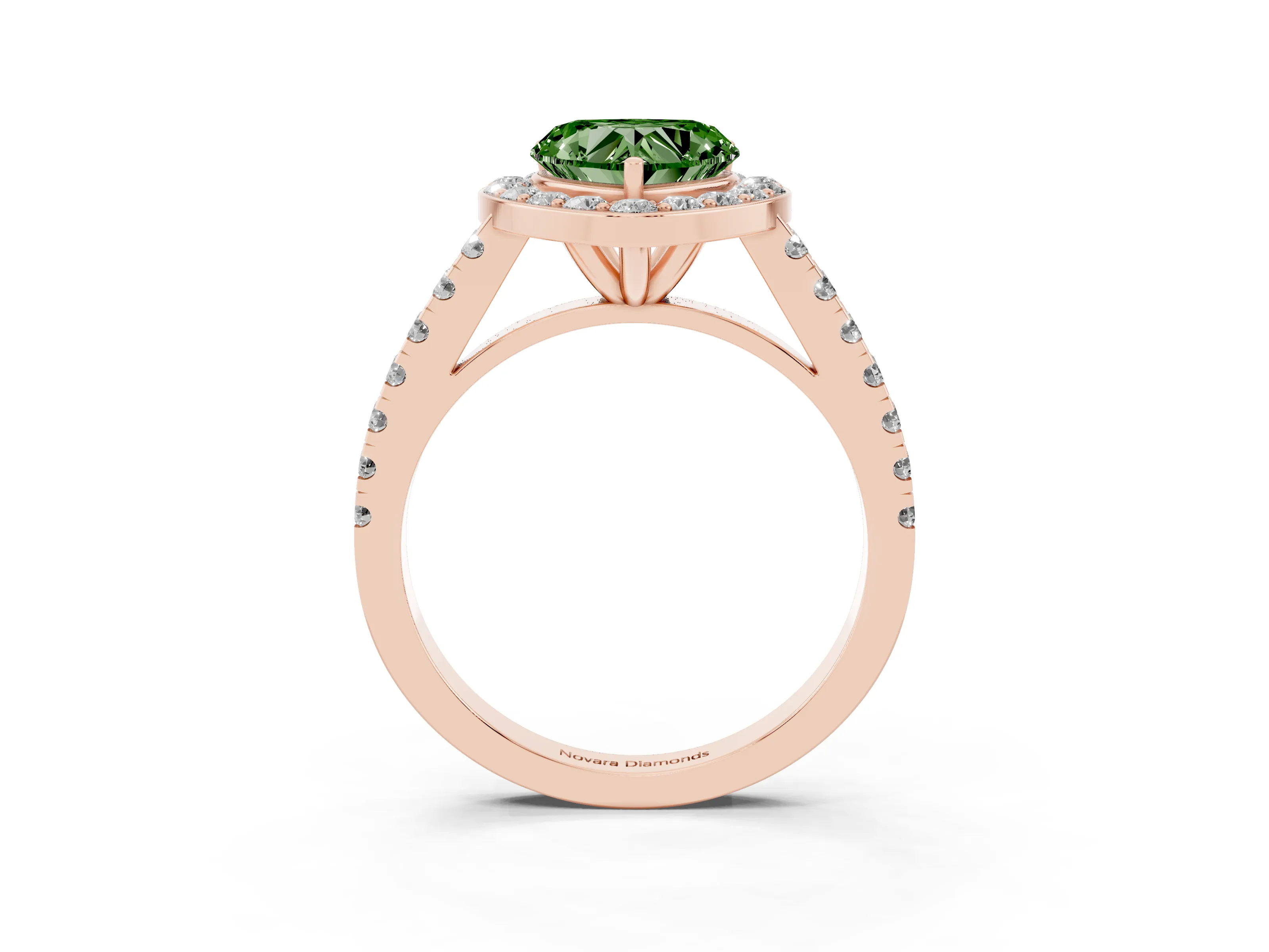 Fancy Green Heart Cut Diamond Halo Ring Set in Rose gold with Round Pavé Split Shank and Prong Setting