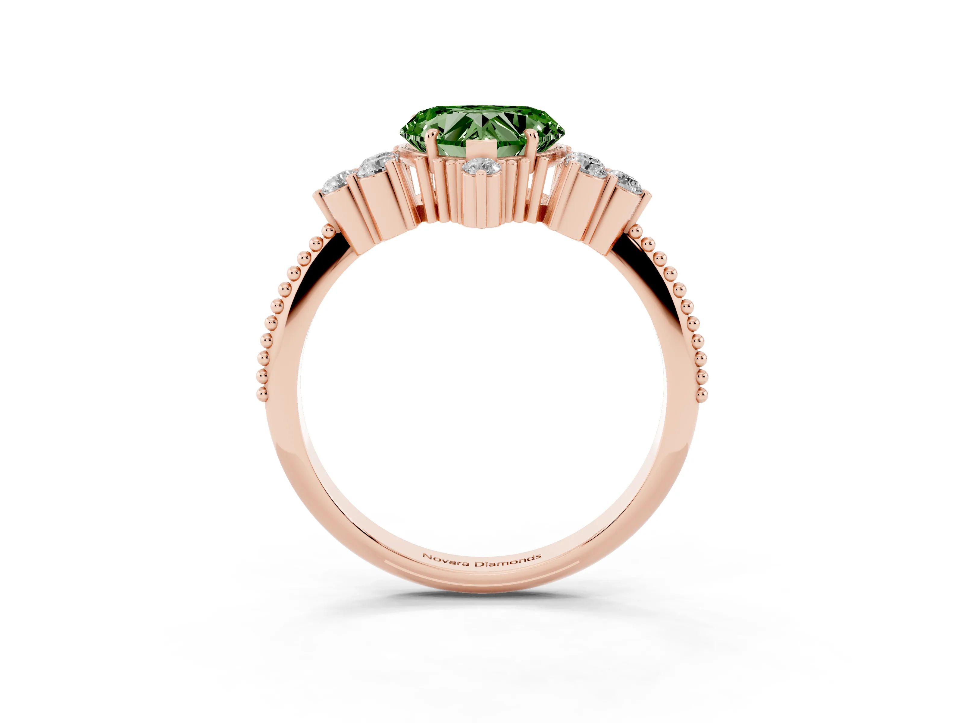 Fancy Green Heart Cut Diamond Cluster Ring Set in Rose gold with Beaded Band