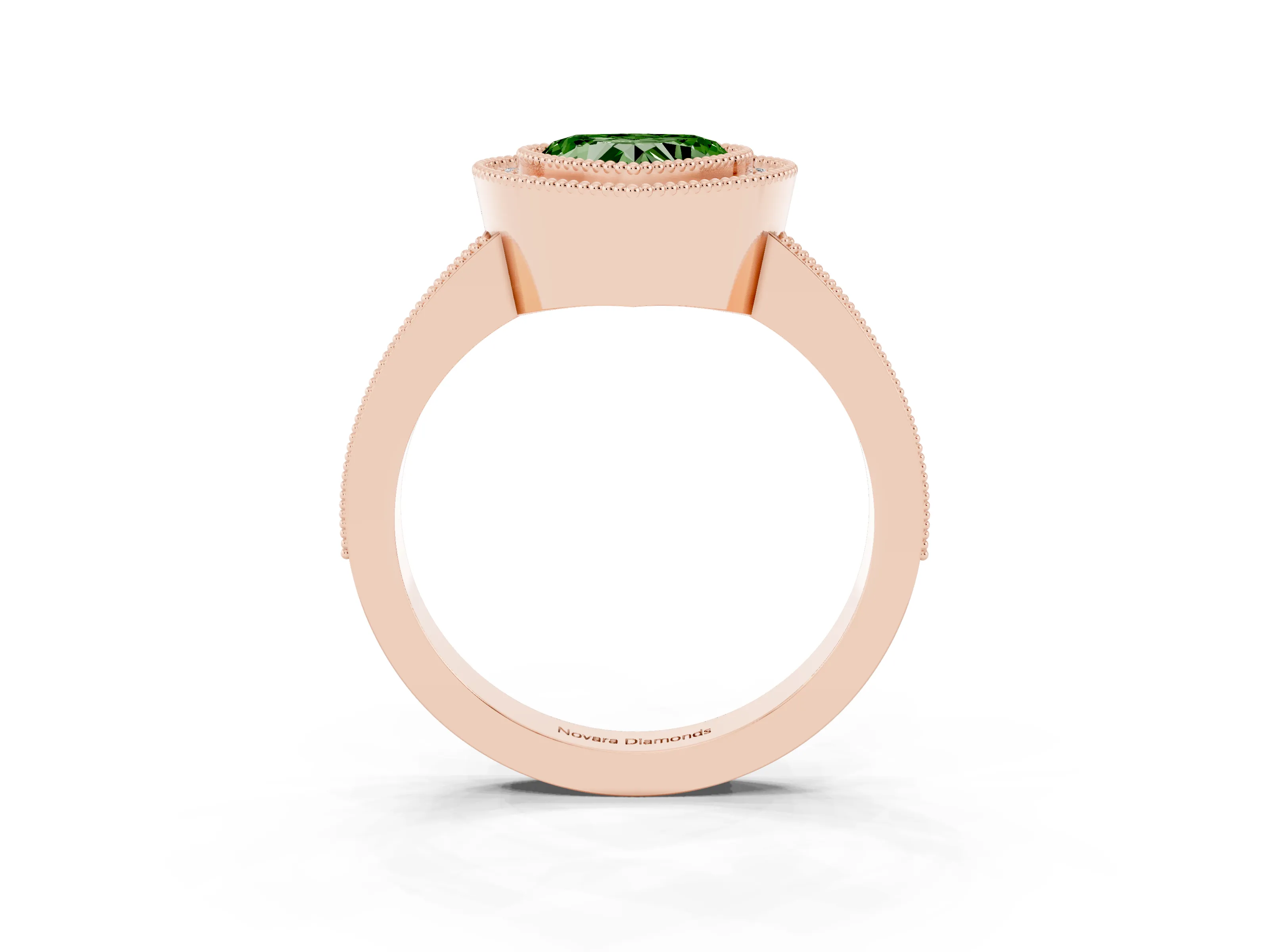 Fancy Green Heart Cut Diamond Halo Engagement Ring Set in Rose gold with Pavé Band and Round Halo Stones