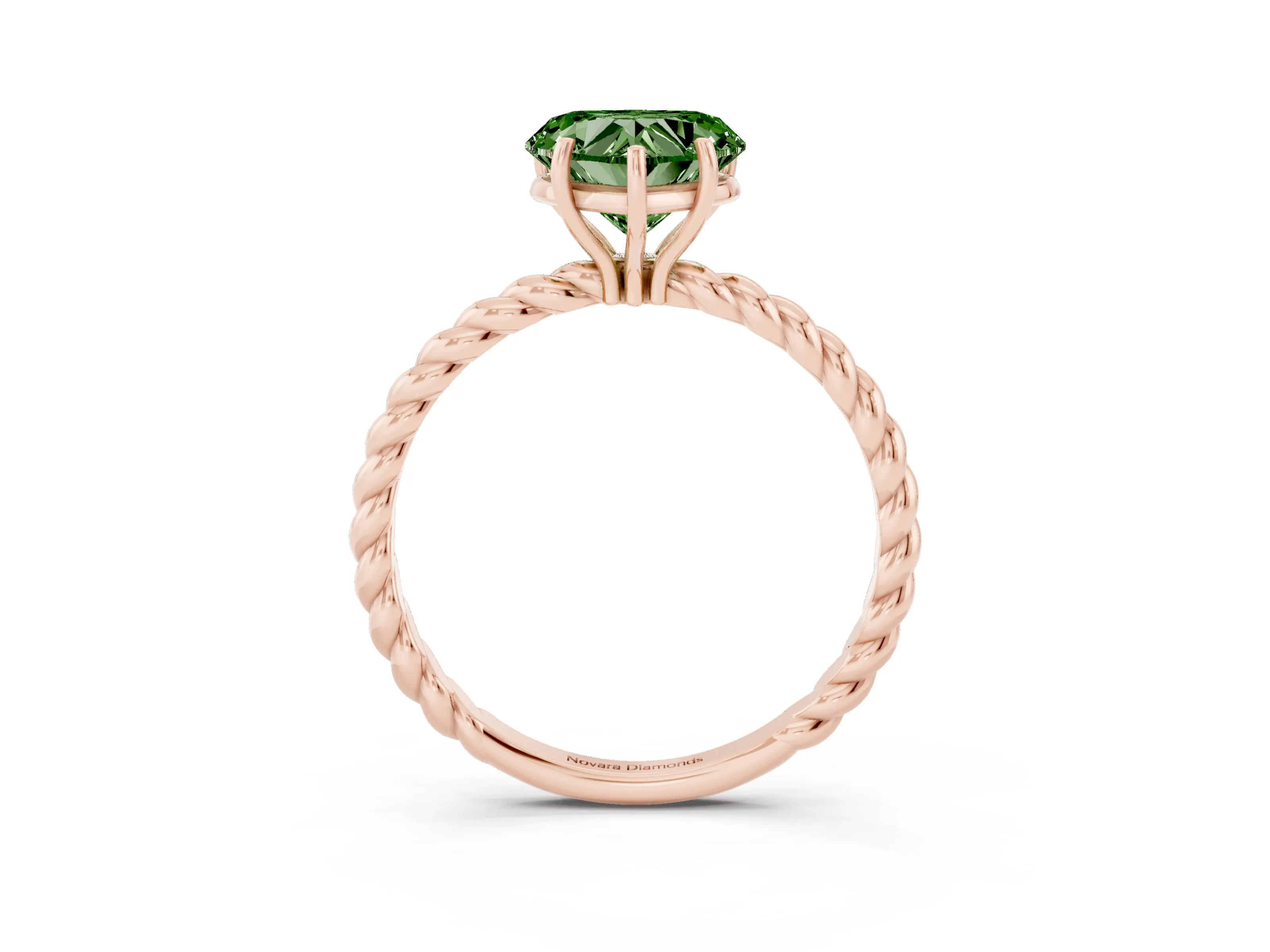 Fancy Green Heart Cut Diamond Solitaire Ring Set in Rose gold with Twist Band and Prong Setting