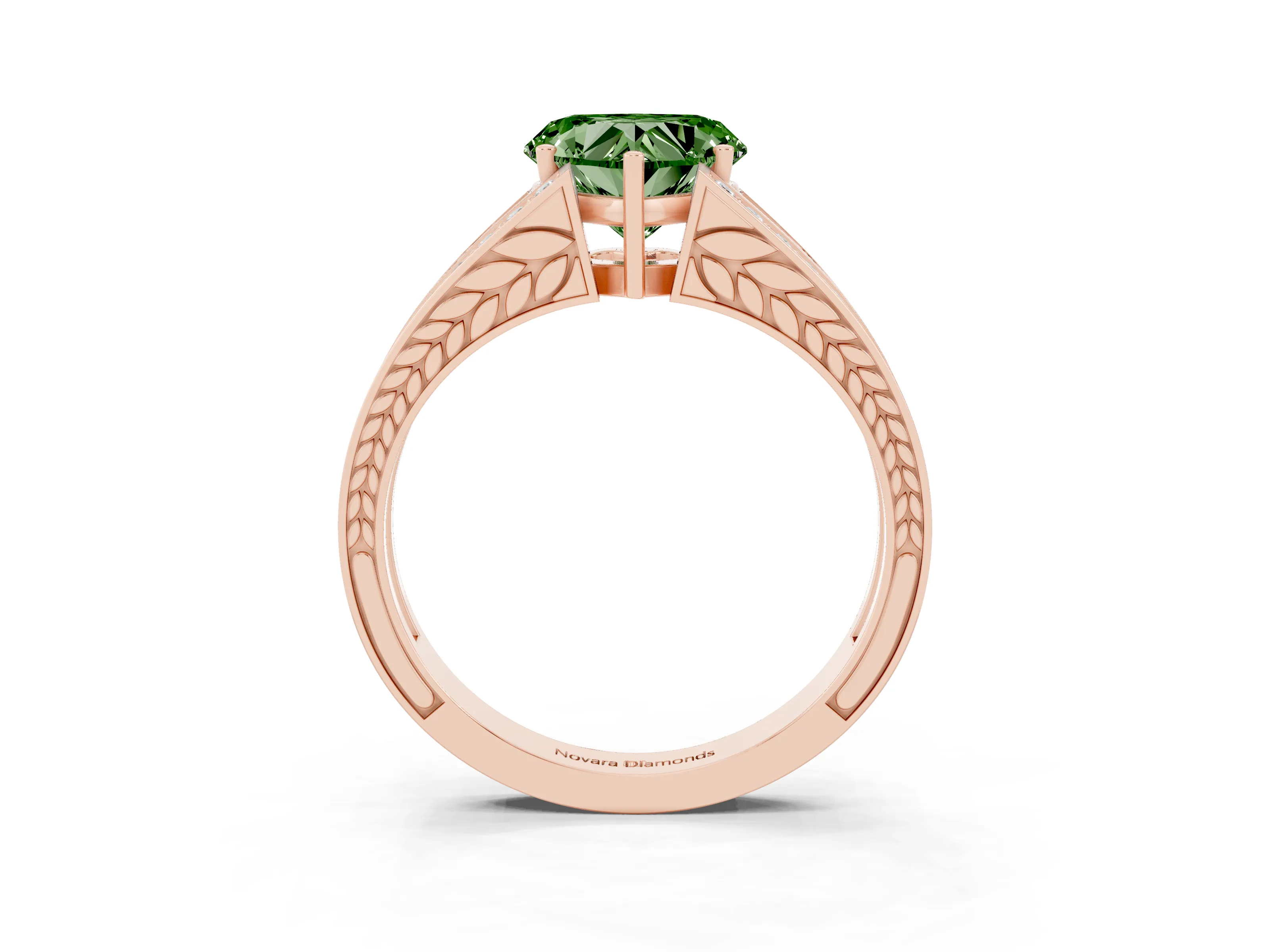 Fancy Green Heart Cut Diamond Split Shank Ring Set in Rose gold with Pavé Band and Prong Setting