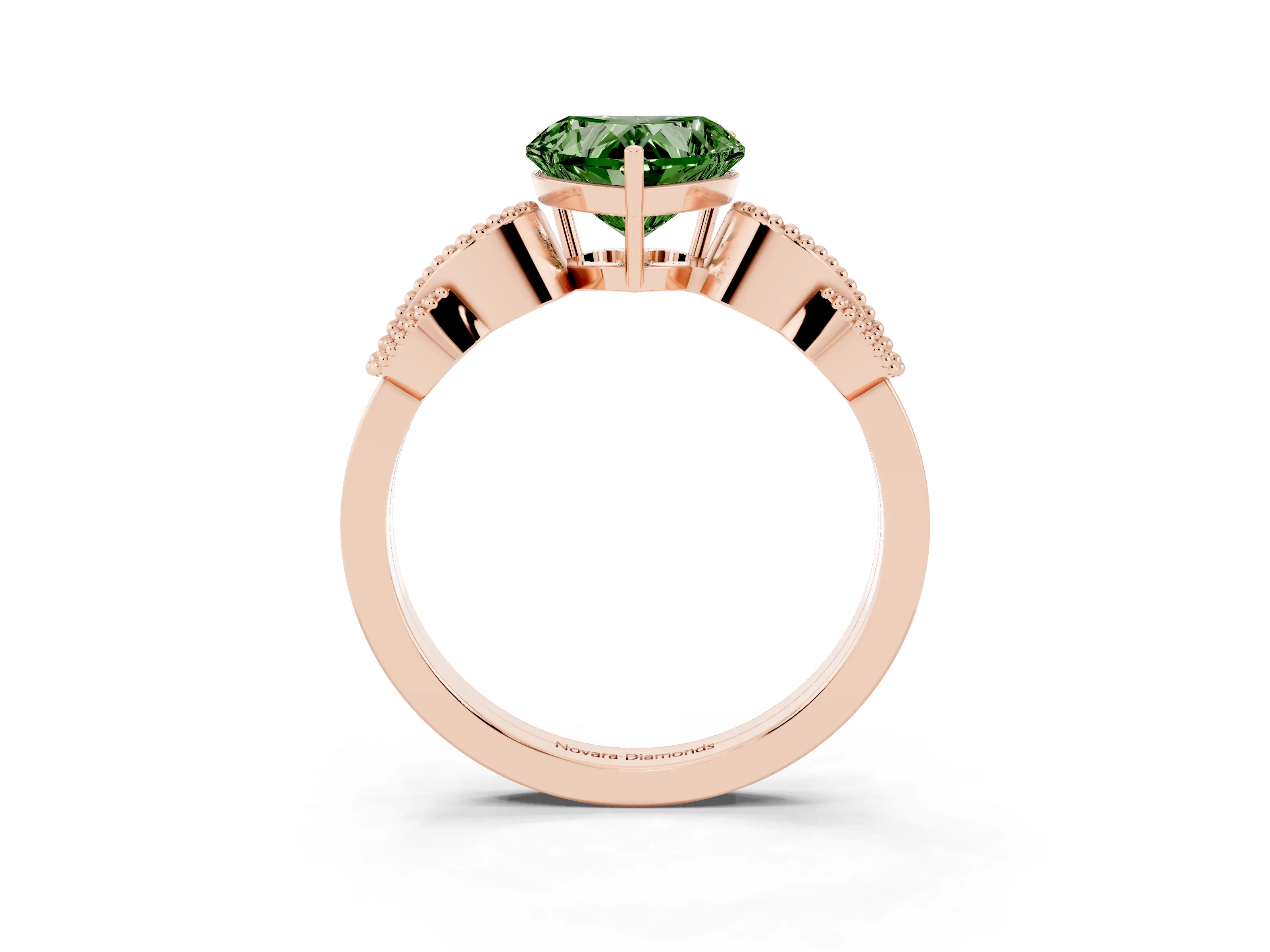 Fancy Green Heart Cut Diamond Milgrain Leaf Band Solitaire Ring Set in Rose gold with Accent Stones and Prong Setting
